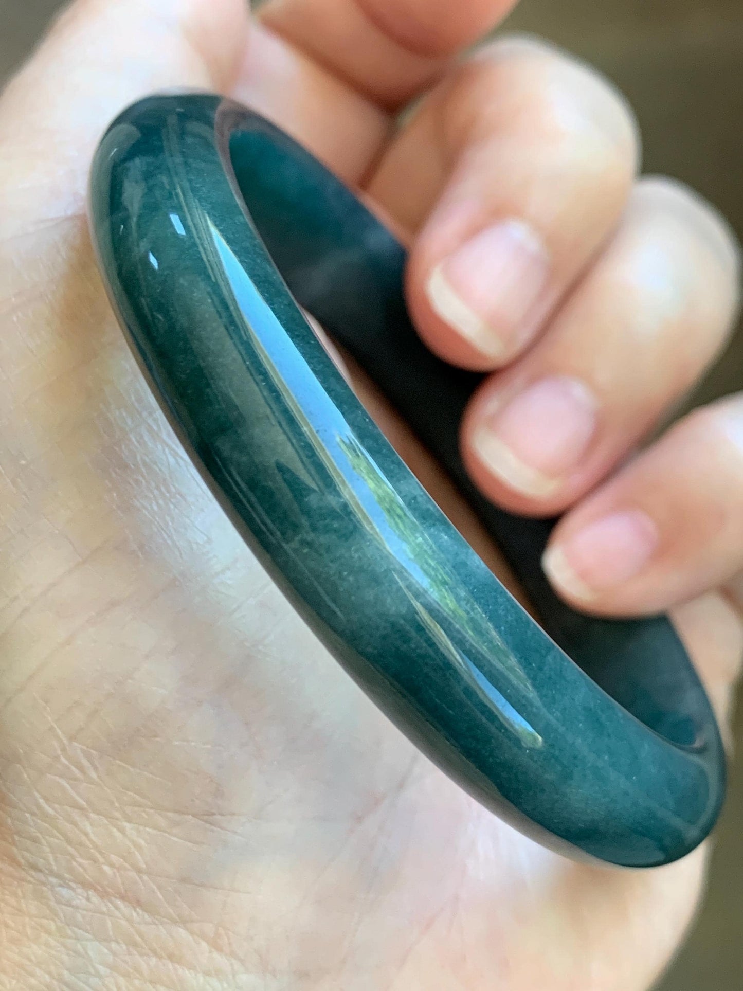 Certified Natural Grade A Guatemalan Icy Translucent Dark Teal Blue Jade Jadeite Wide Bangle 59.2mm 7.32” 43g 天然冰危蓝绿翡翠正圈宽版手镯 1223