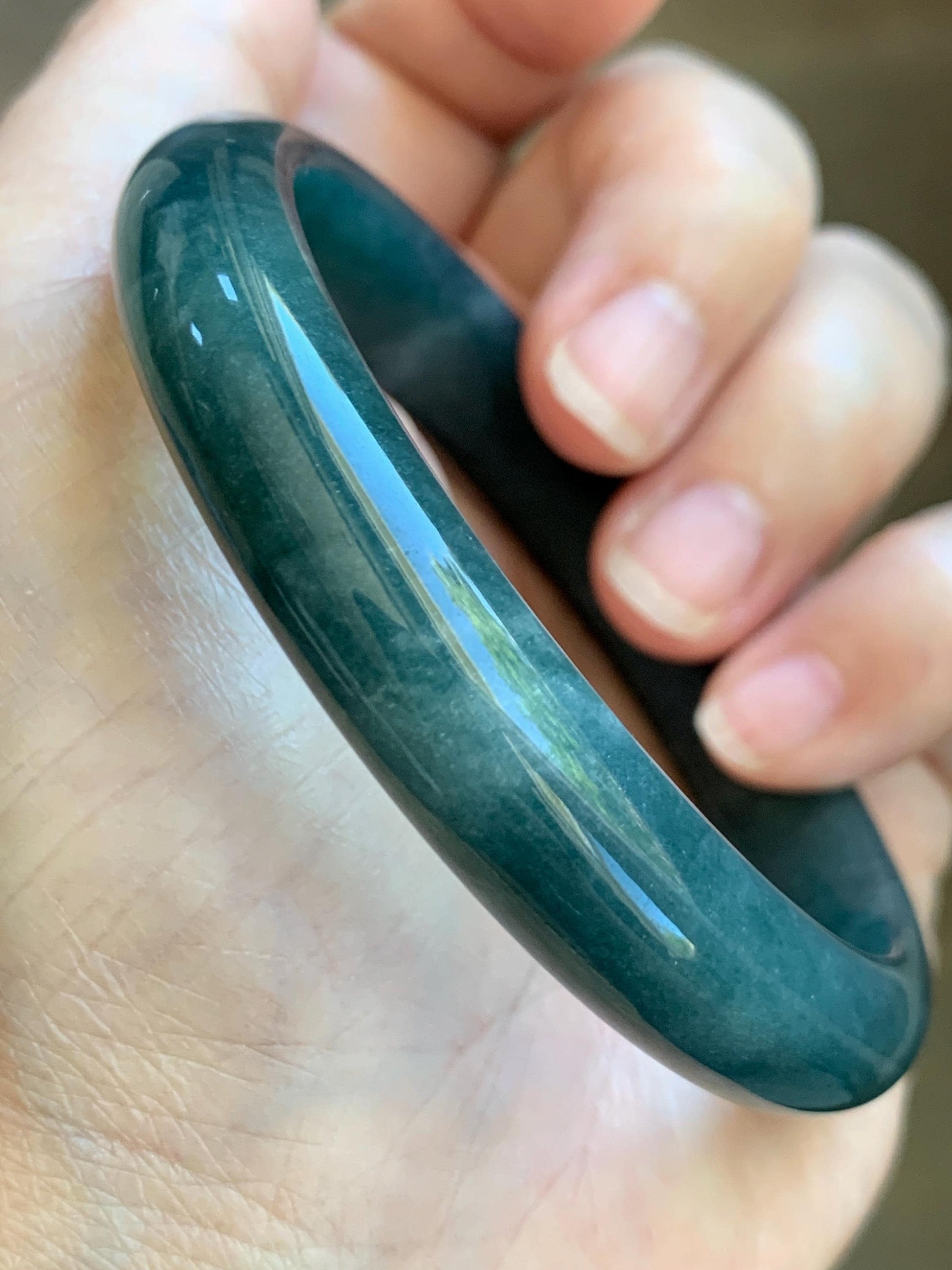 Certified Natural Grade A Guatemalan Icy Translucent Dark Teal Blue Jade Jadeite Wide Bangle 59.2mm 7.32” 43g 天然冰危蓝绿翡翠正圈宽版手镯 1223