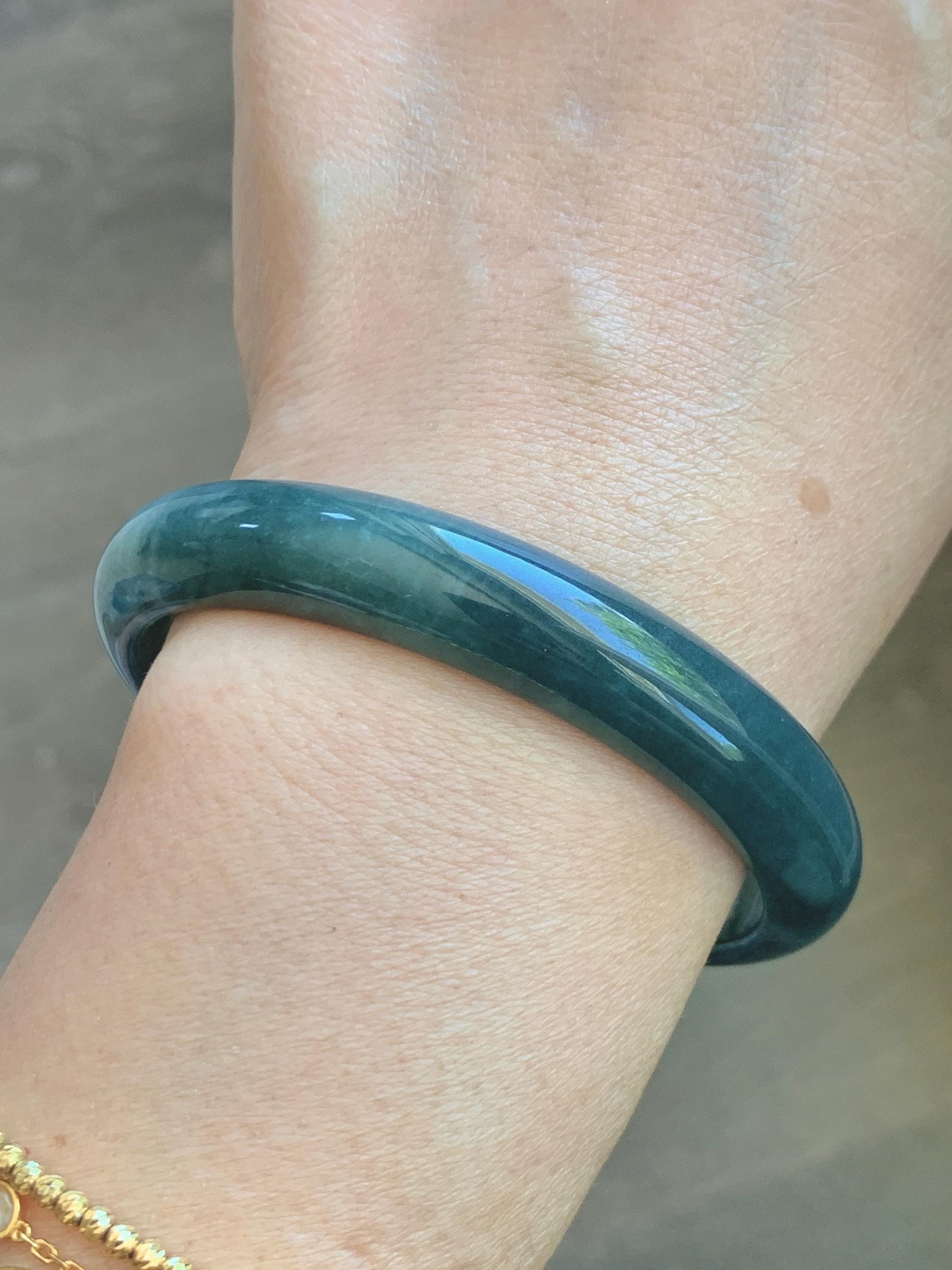 Certified Natural Grade A Guatemalan Icy Translucent Dark Teal Blue Jade Jadeite Wide Bangle 59.2mm 7.32” 43g 天然冰危蓝绿翡翠正圈宽版手镯 1223