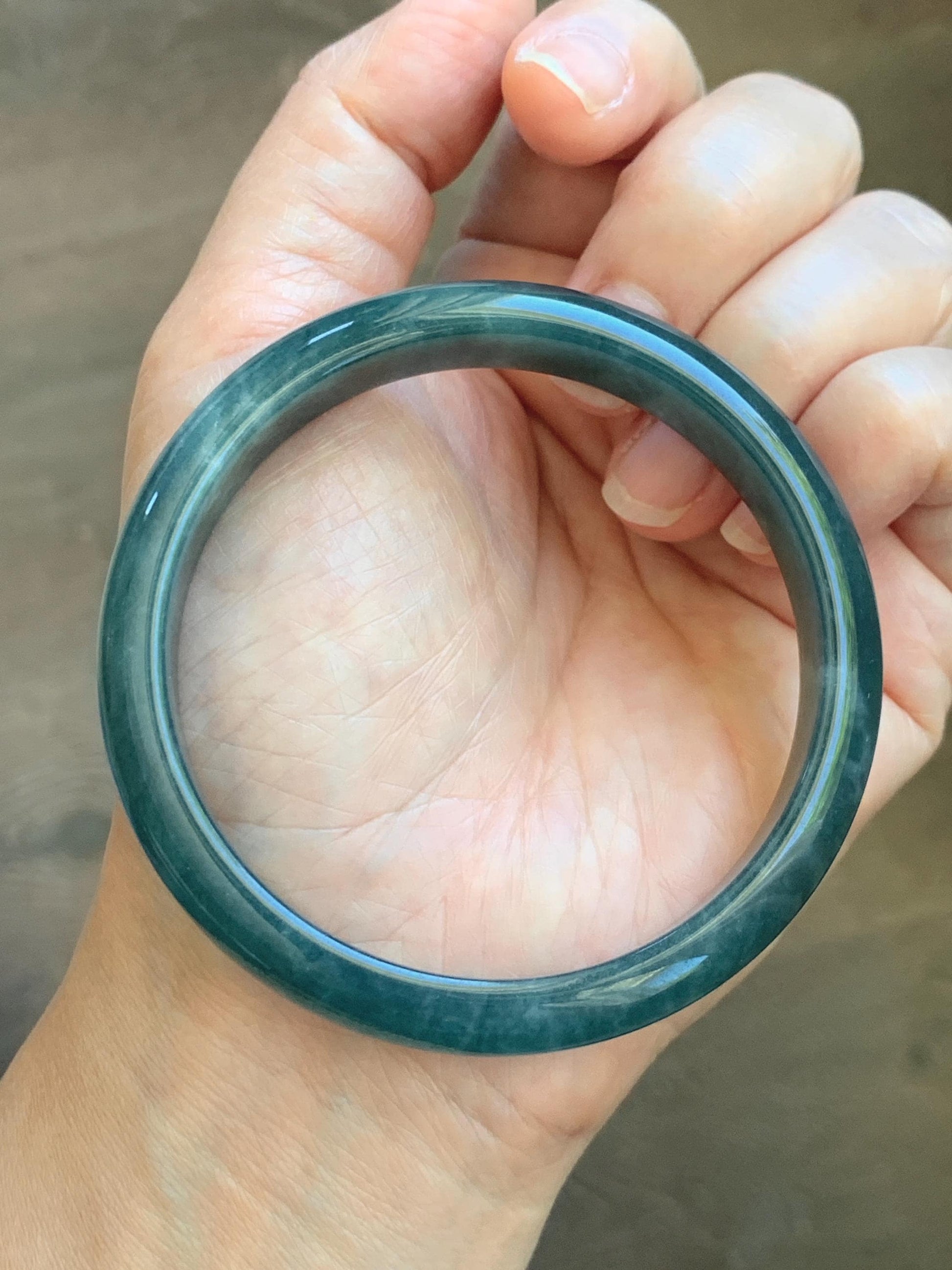 Certified Natural Grade A Guatemalan Icy Translucent Dark Teal Blue Jade Jadeite Wide Bangle 59.2mm 7.32” 43g 天然冰危蓝绿翡翠正圈宽版手镯 1223