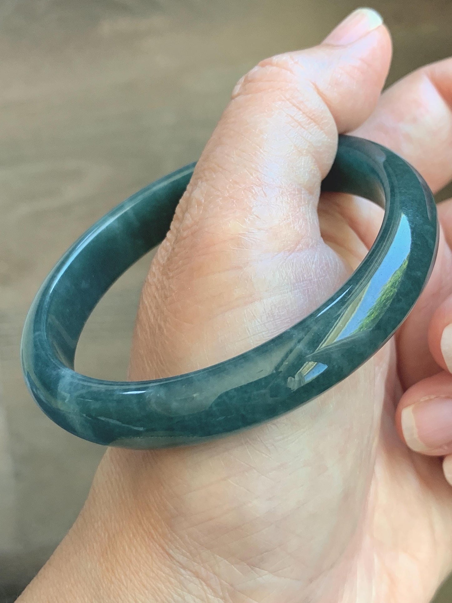 Certified Natural Grade A Guatemalan Icy Translucent Dark Teal Blue Jade Jadeite Wide Bangle 59.2mm 7.32” 43g 天然冰危蓝绿翡翠正圈宽版手镯 1223