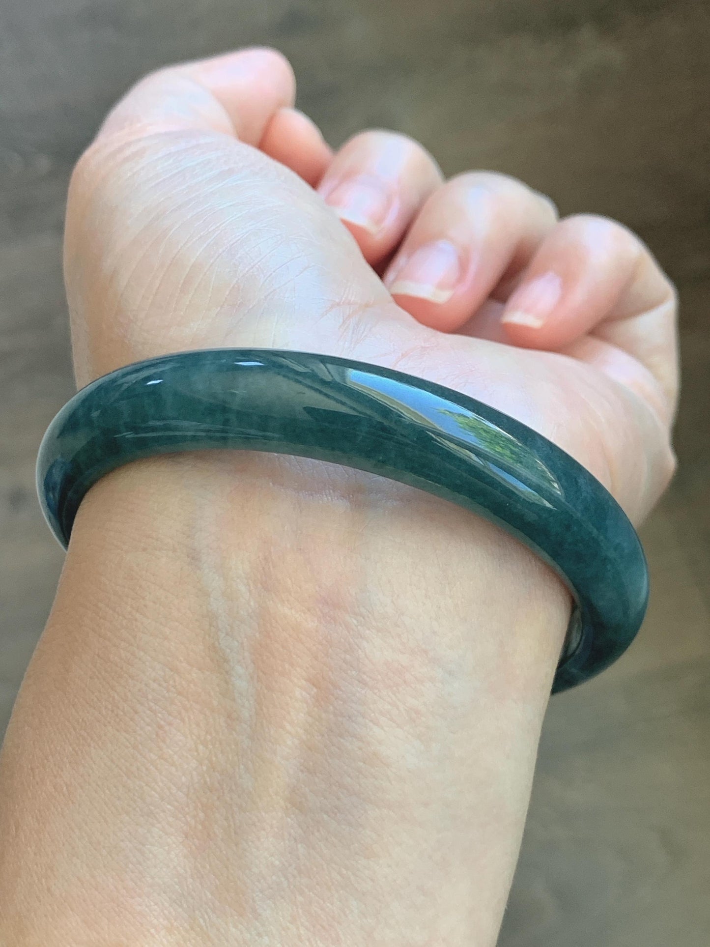 Certified Natural Grade A Guatemalan Icy Translucent Dark Teal Blue Jade Jadeite Wide Bangle 59.2mm 7.32” 43g 天然冰危蓝绿翡翠正圈宽版手镯 1223
