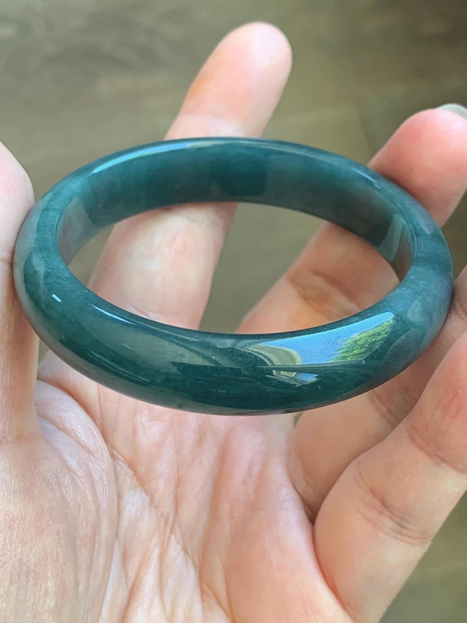 Certified Natural Grade A Guatemalan Icy Translucent Dark Teal Blue Jade Jadeite Wide Bangle 53.62mm 6.63” 43g 天然冰危蓝绿翡翠正圈宽版手镯 1224