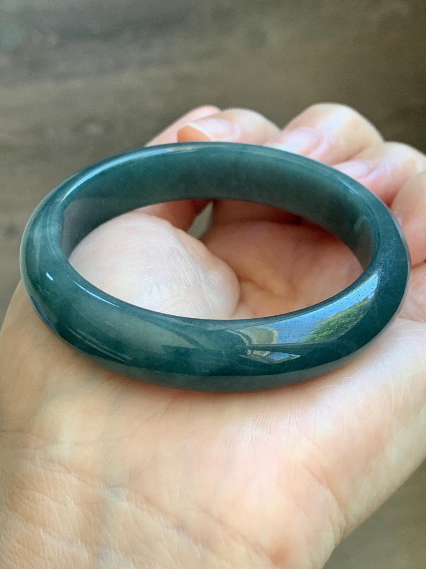 Certified Natural Grade A Guatemalan Icy Translucent Dark Teal Blue Jade Jadeite Wide Bangle 53.62mm 6.63” 43g 天然冰危蓝绿翡翠正圈宽版手镯 1224