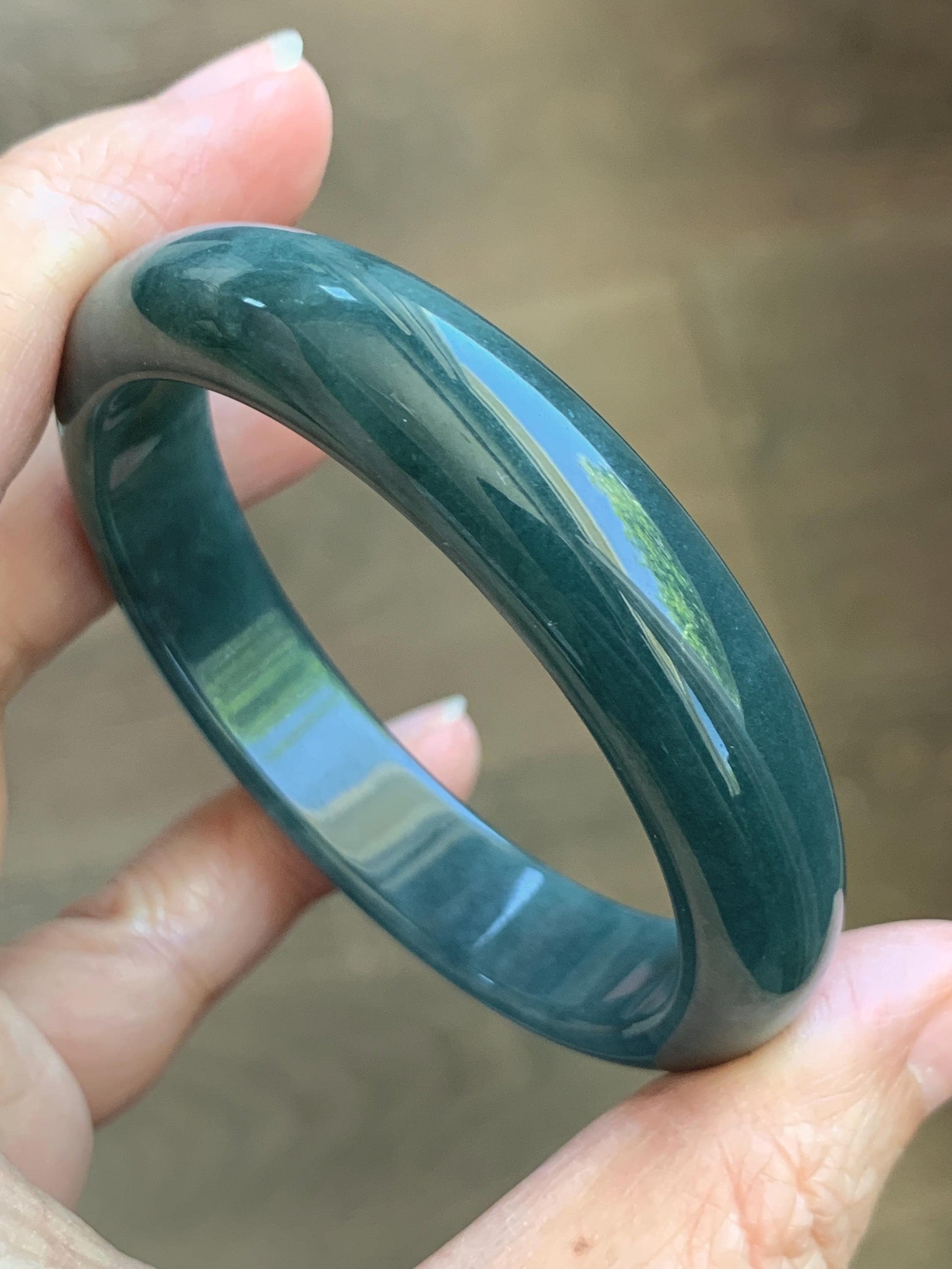 Certified Natural Grade A Guatemalan Icy Translucent Dark Teal Blue Jade Jadeite Wide Bangle 53.62mm 6.63” 43g 天然冰危蓝绿翡翠正圈宽版手镯 1224