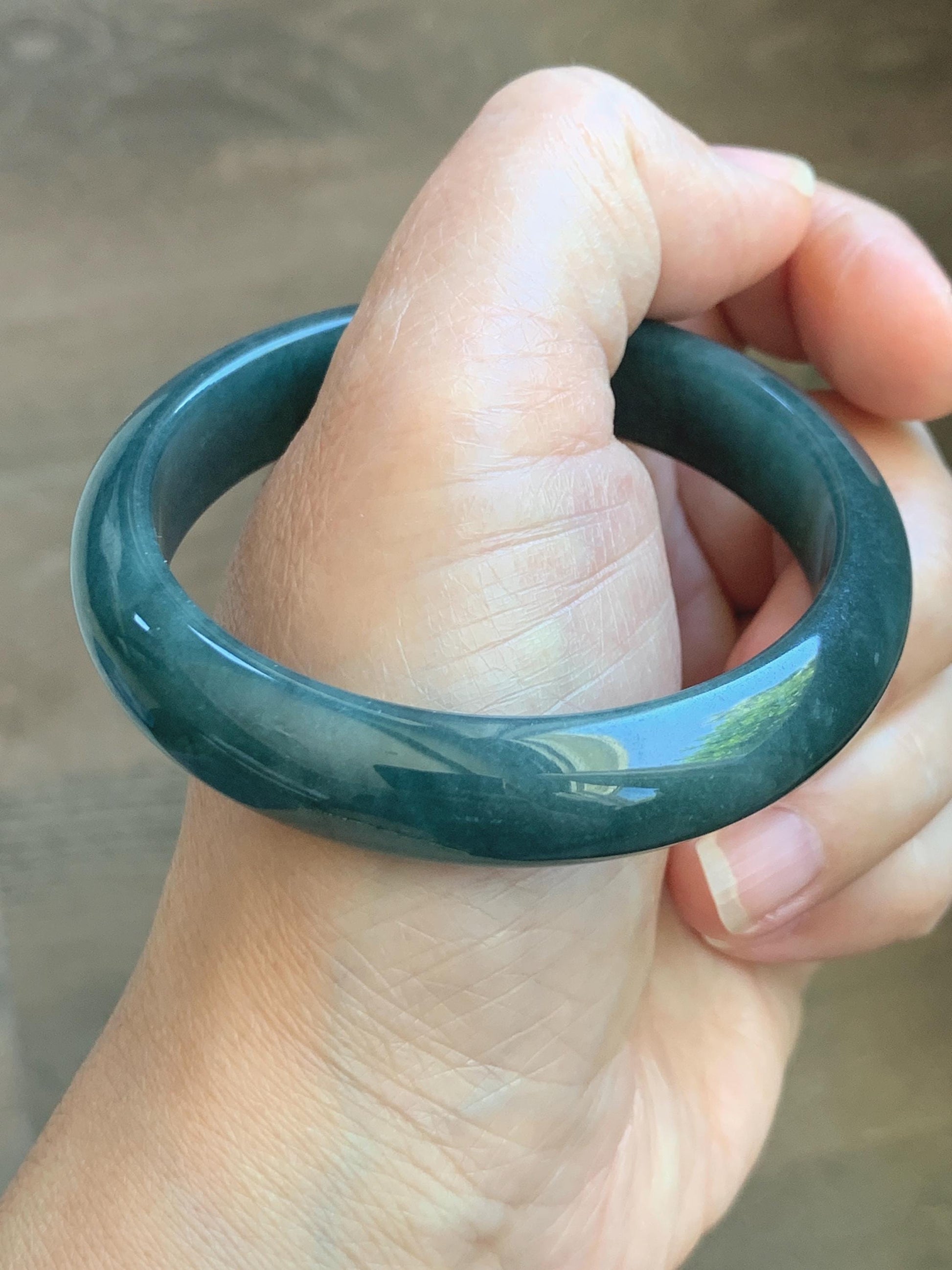 Certified Natural Grade A Guatemalan Icy Translucent Dark Teal Blue Jade Jadeite Wide Bangle 53.62mm 6.63” 43g 天然冰危蓝绿翡翠正圈宽版手镯 1224