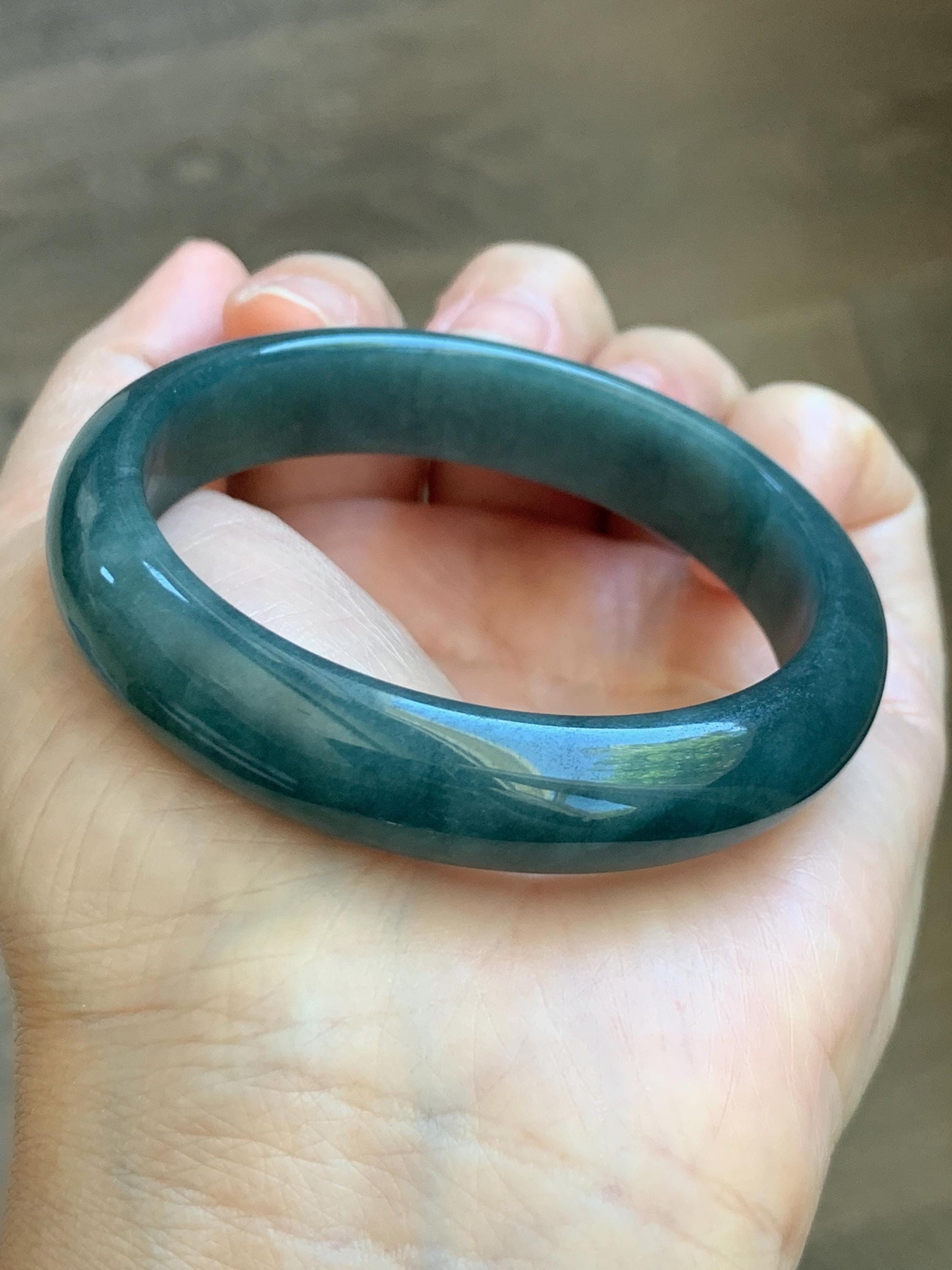 Certified Natural Grade A Guatemalan Icy Translucent Dark Teal Blue Jade Jadeite Wide Bangle 53.62mm 6.63” 43g 天然冰危蓝绿翡翠正圈宽版手镯 1224