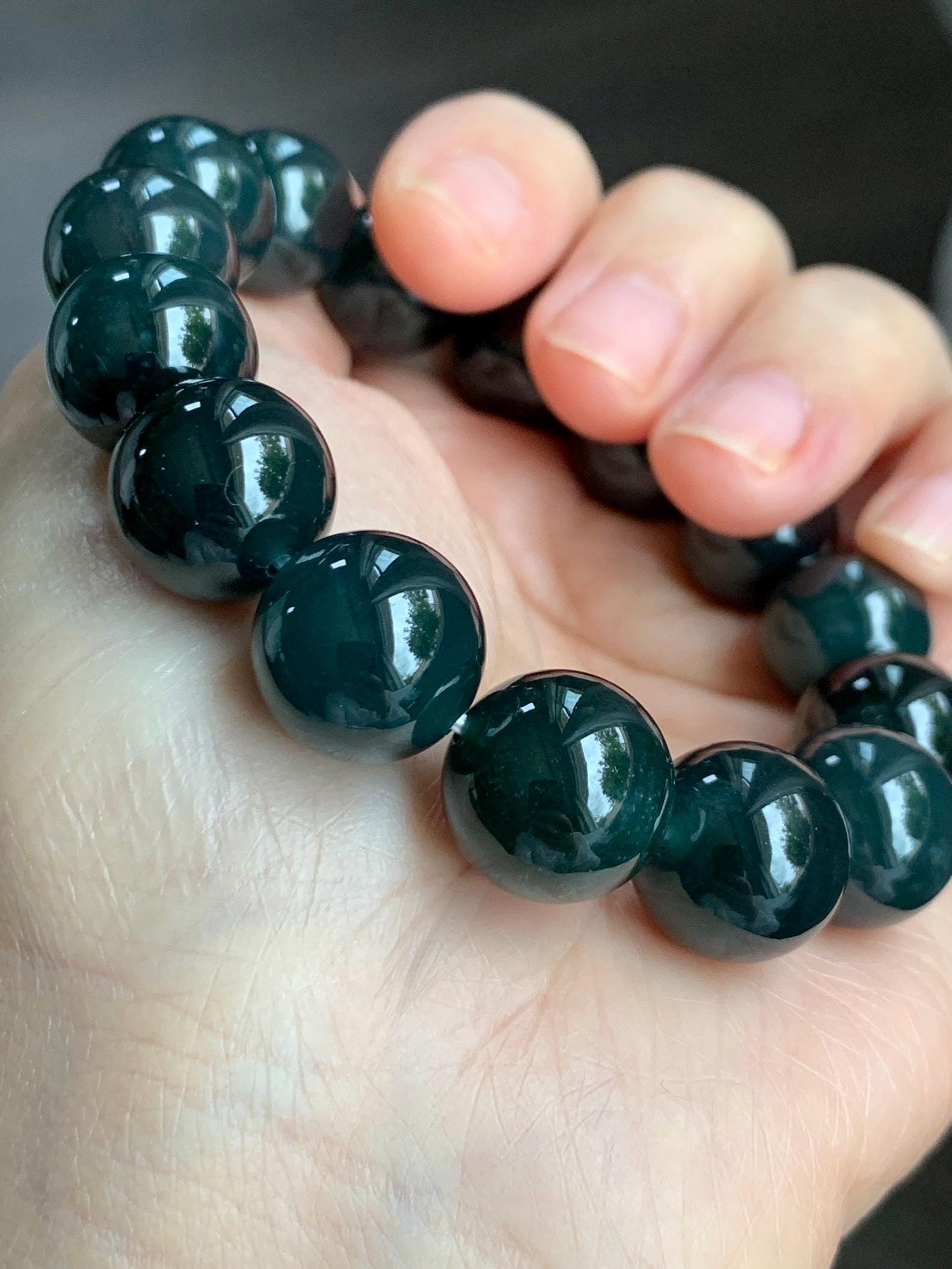 LARGE Natural Grade A Guatemalan Icy Translucent Dark Teal Green Wuji Jade Jadeite Beaded Bracelet 14mm 7.75” 70g 天然冰危深老蓝水翡翠大卡手串 WLL770A