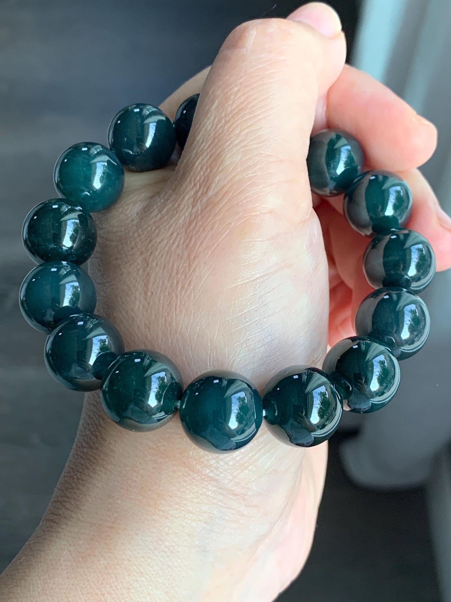 LARGE Natural Grade A Guatemalan Icy Translucent Dark Teal Green Wuji Jade Jadeite Beaded Bracelet 14mm 7.75” 70g 天然冰危深老蓝水翡翠大卡手串 WLL770A