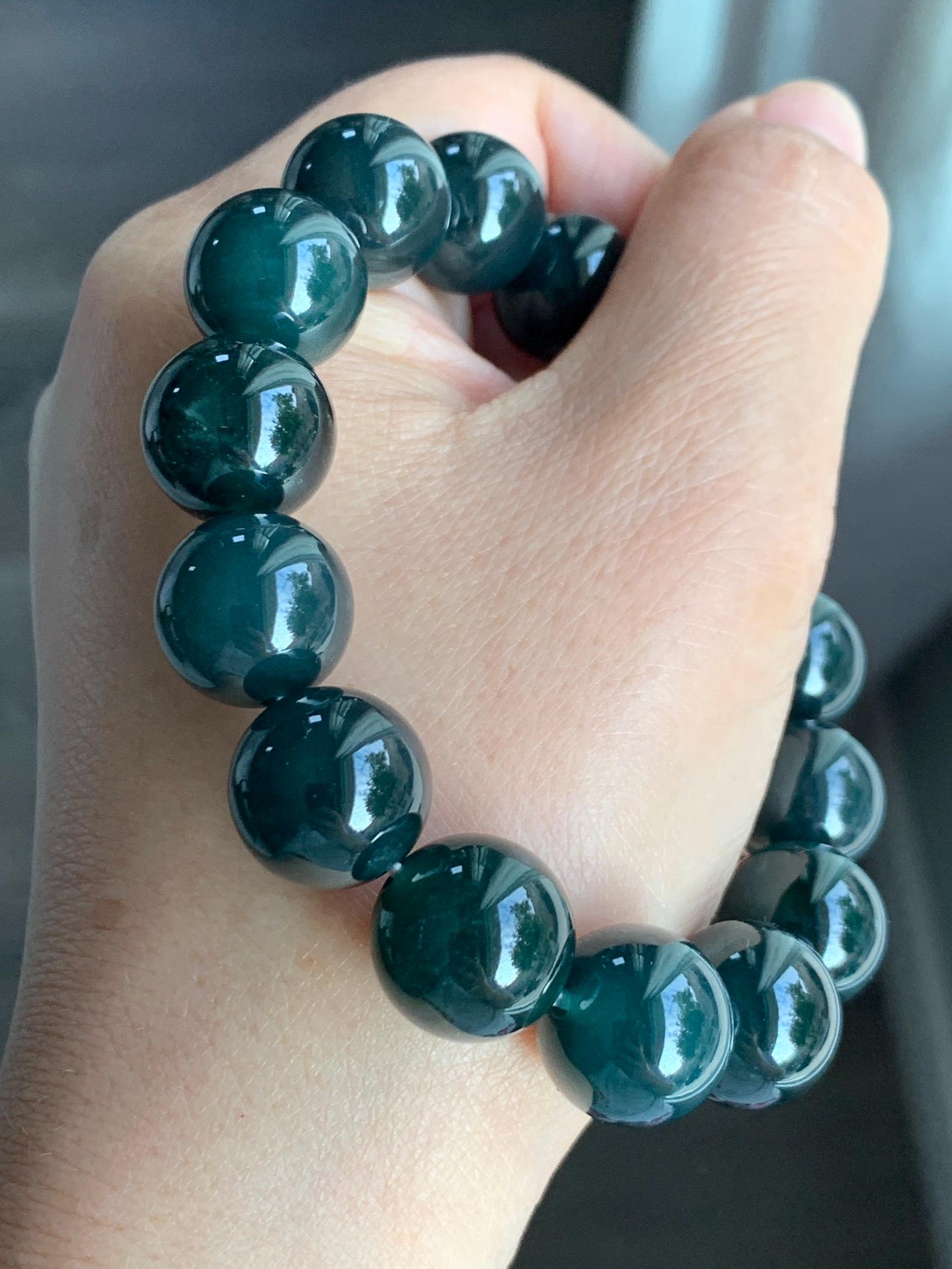 LARGE Natural Grade A Guatemalan Icy Translucent Dark Teal Green Wuji Jade Jadeite Beaded Bracelet 14mm 7.75” 70g 天然冰危深老蓝水翡翠大卡手串 WLL770A