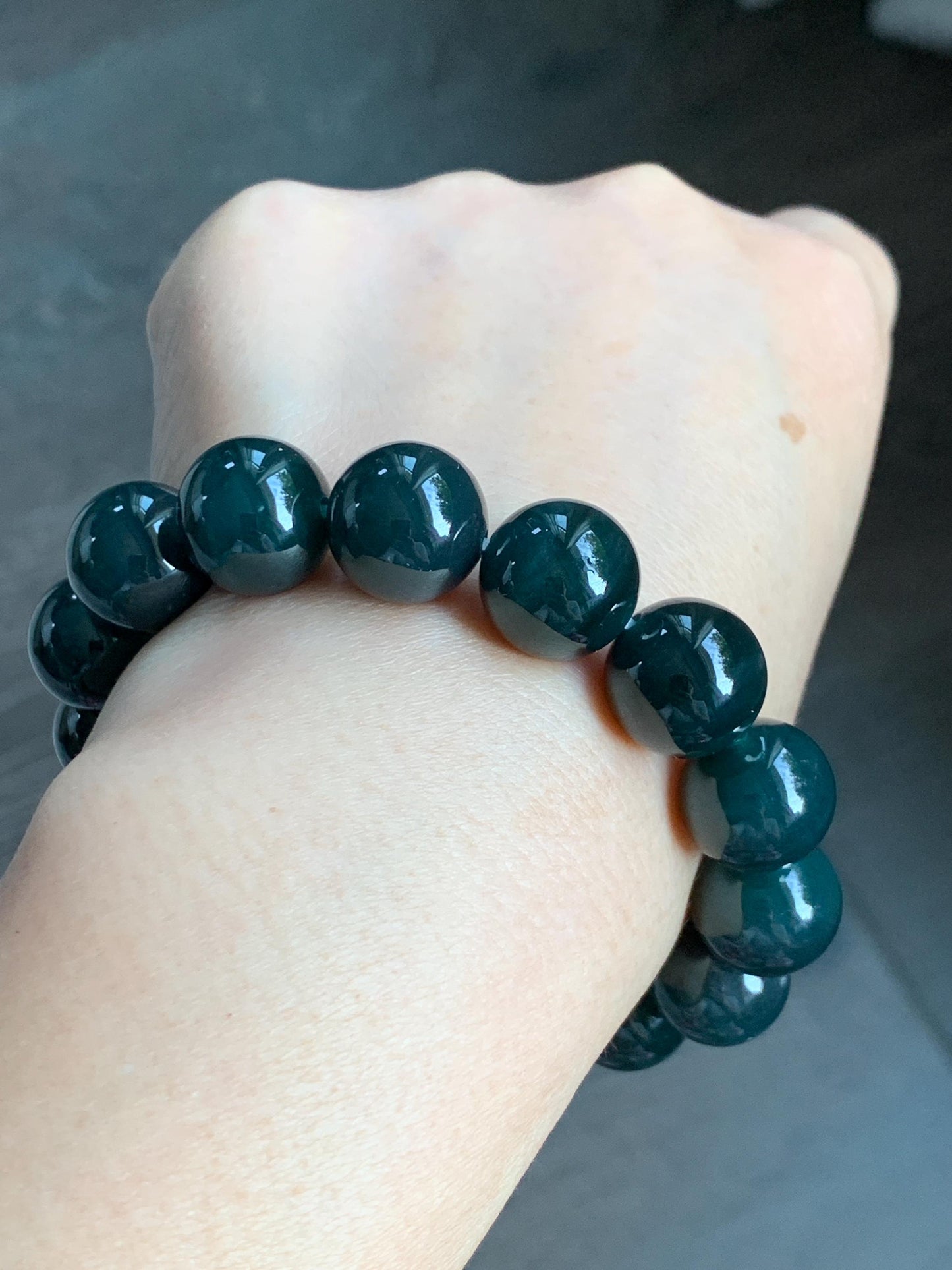 LARGE Natural Grade A Guatemalan Icy Translucent Dark Teal Green Wuji Jade Jadeite Beaded Bracelet 14mm 7.75” 70g 天然冰危深老蓝水翡翠大卡手串 WLL770A
