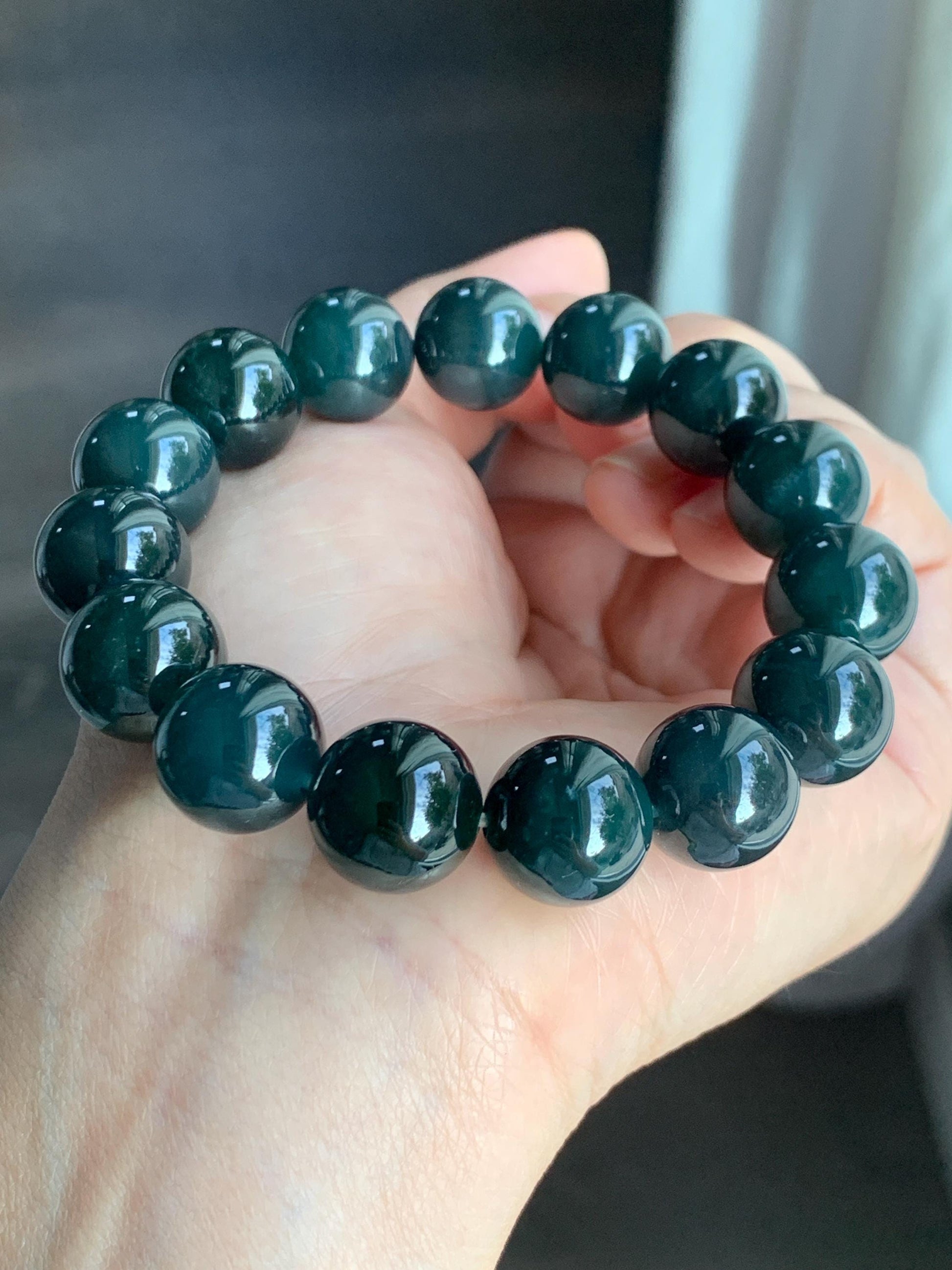 LARGE Natural Grade A Guatemalan Icy Translucent Dark Teal Green Wuji Jade Jadeite Beaded Bracelet 14mm 7.75” 70g 天然冰危深老蓝水翡翠大卡手串 WLL770A