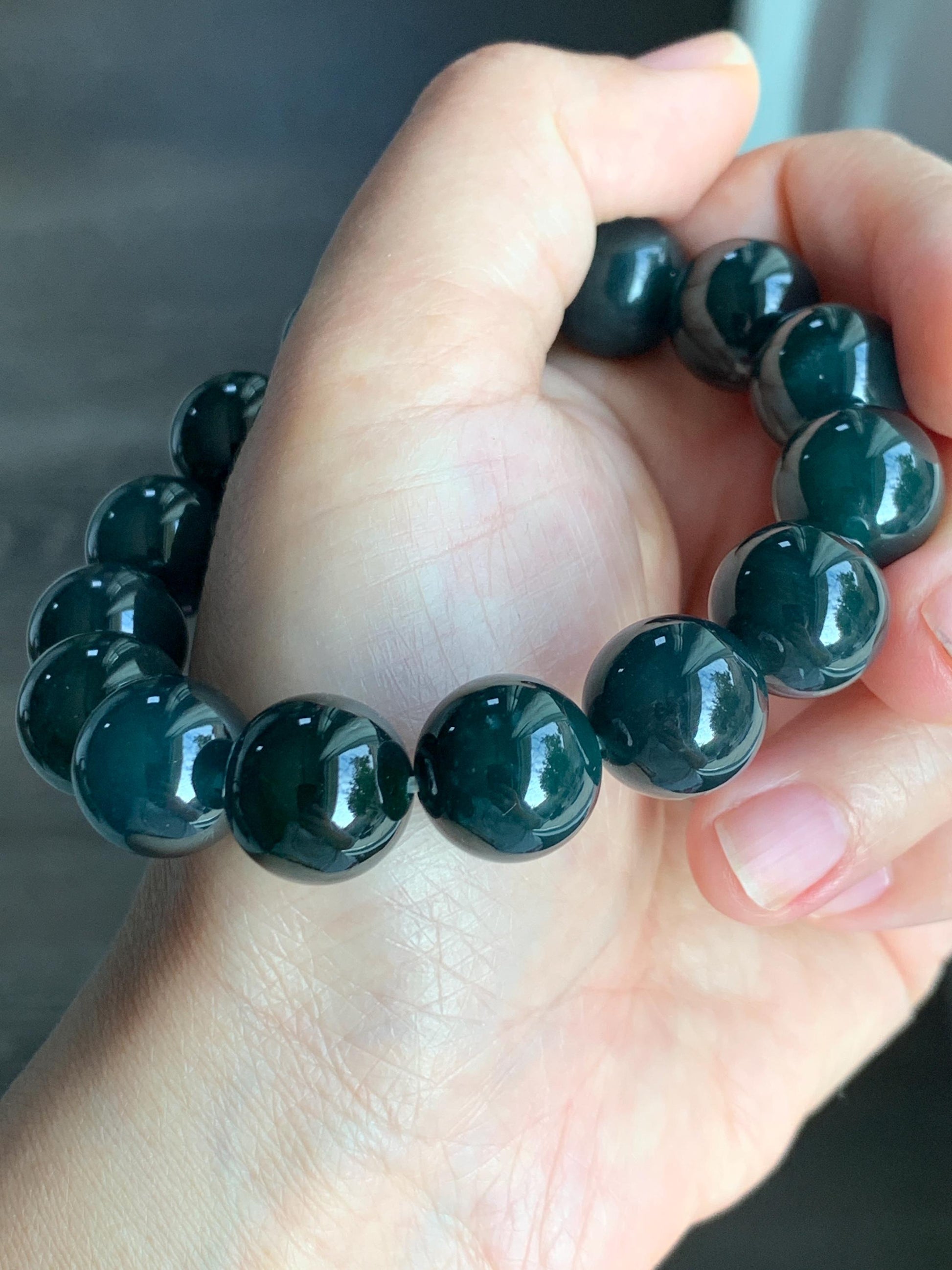 LARGE Natural Grade A Guatemalan Icy Translucent Dark Teal Green Wuji Jade Jadeite Beaded Bracelet 14mm 7.75” 70g 天然冰危深老蓝水翡翠大卡手串 WLL770A
