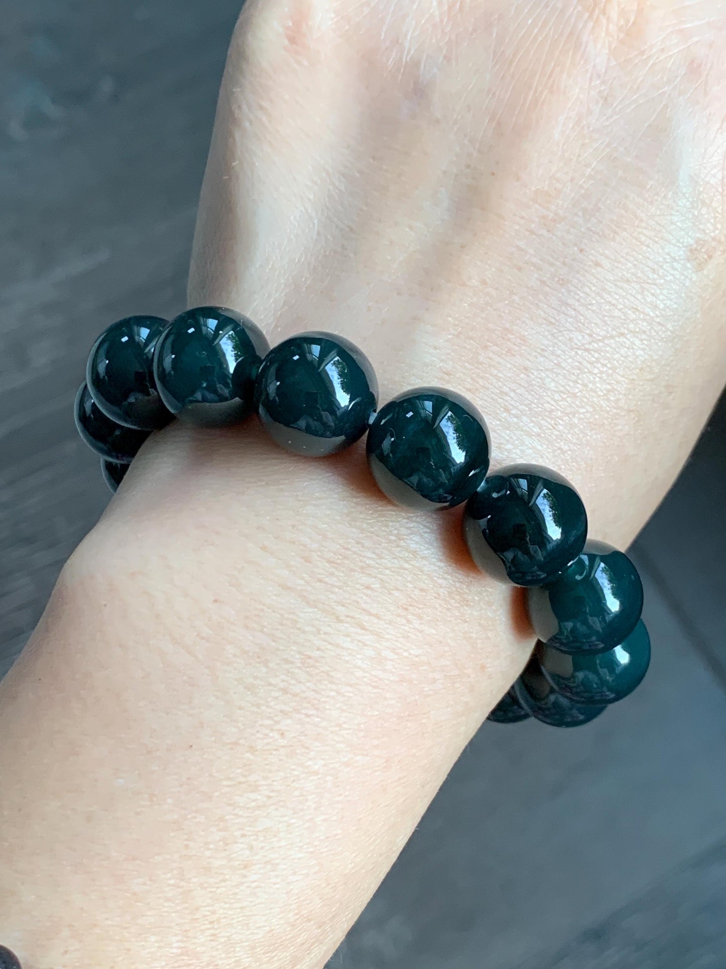 LARGE Natural Grade A Guatemalan Icy Translucent Dark Teal Green Wuji Jade Jadeite Beaded Bracelet 14mm 7.75” 70g 天然冰危深老蓝水翡翠大卡手串 WLL770A