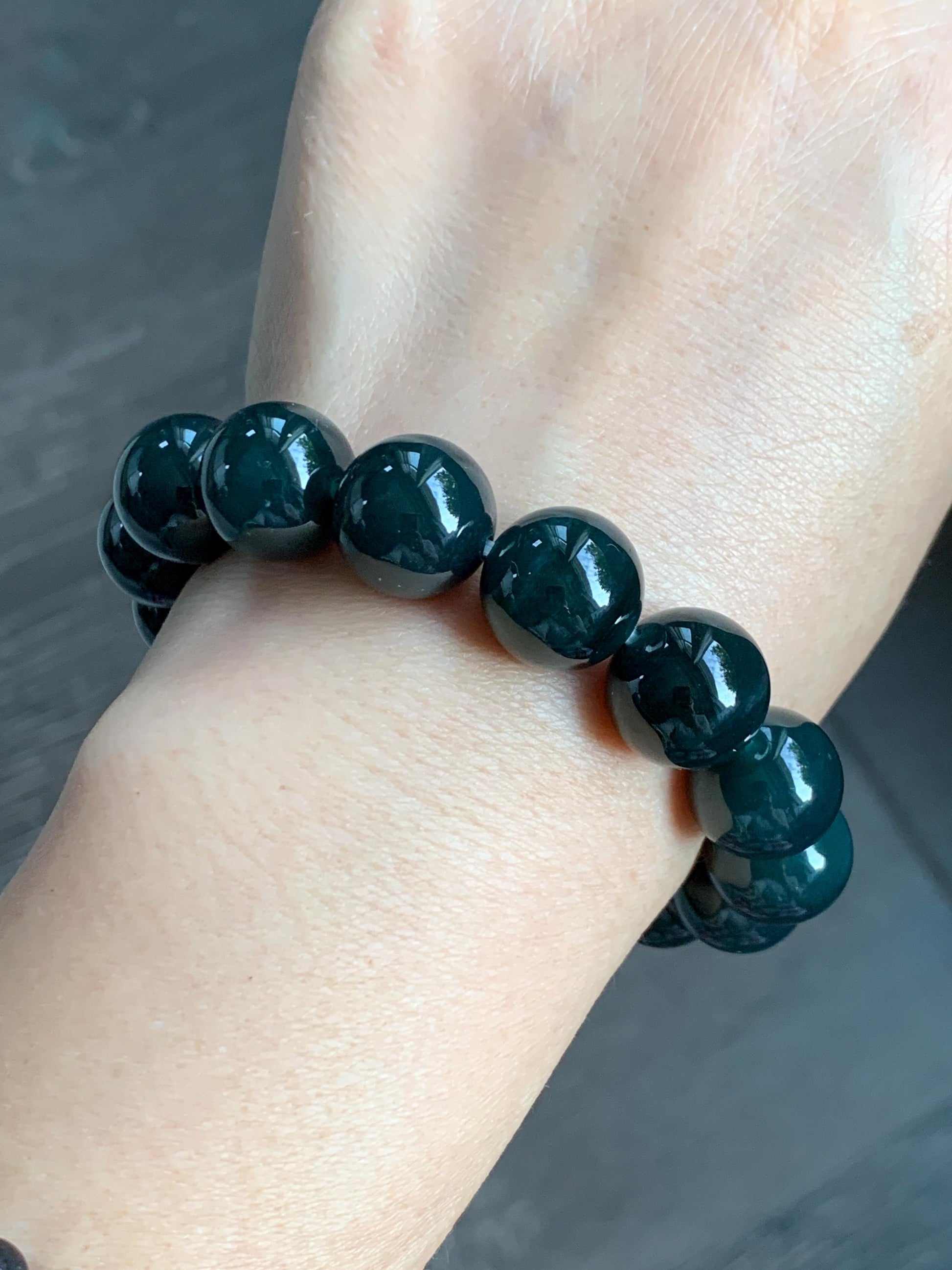 LARGE Natural Grade A Guatemalan Icy Translucent Dark Teal Green Wuji Jade Jadeite Beaded Bracelet 14mm 7.75” 70g 天然冰危深老蓝水翡翠大卡手串 WLL770A