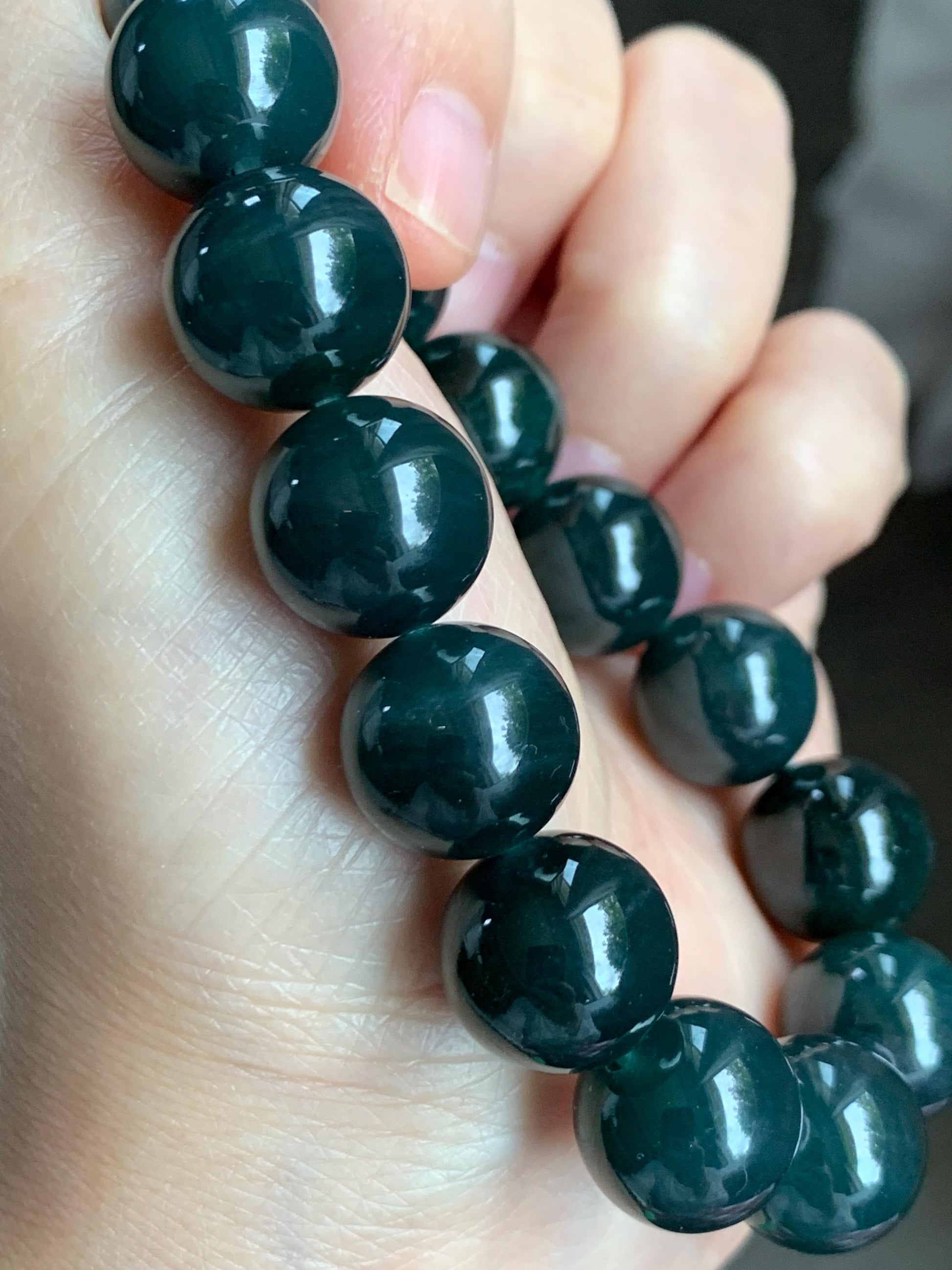 LARGE Natural Grade A Guatemalan Icy Translucent Dark Teal Green Wuji Jade Jadeite Beaded Bracelet 14mm 7.75” 70g 天然冰危深老蓝水翡翠大卡手串 WLL770A