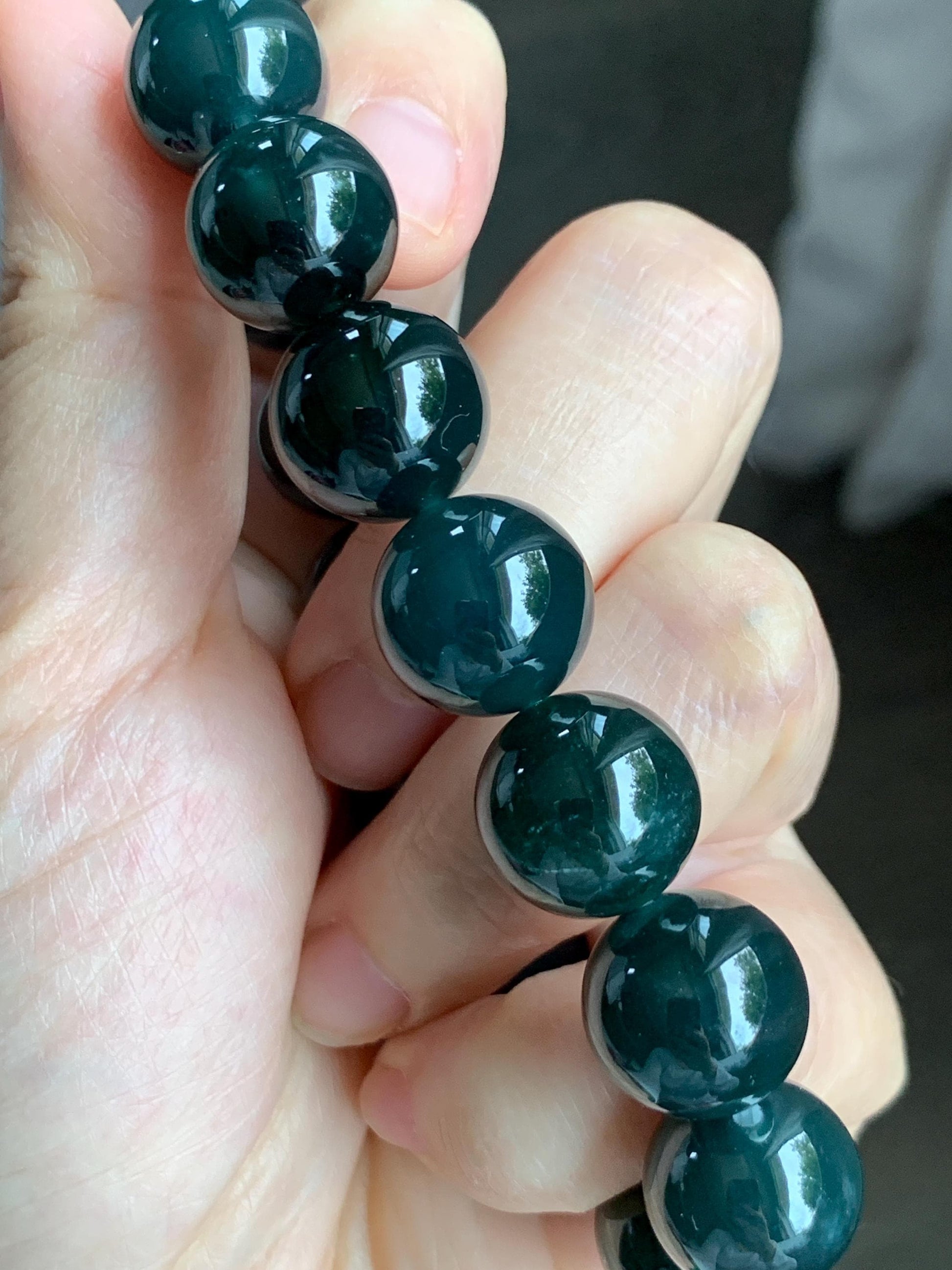 LARGE Natural Grade A Guatemalan Icy Translucent Dark Teal Green Wuji Jade Jadeite Beaded Bracelet 14mm 7.75” 70g 天然冰危深老蓝水翡翠大卡手串 WLL770A