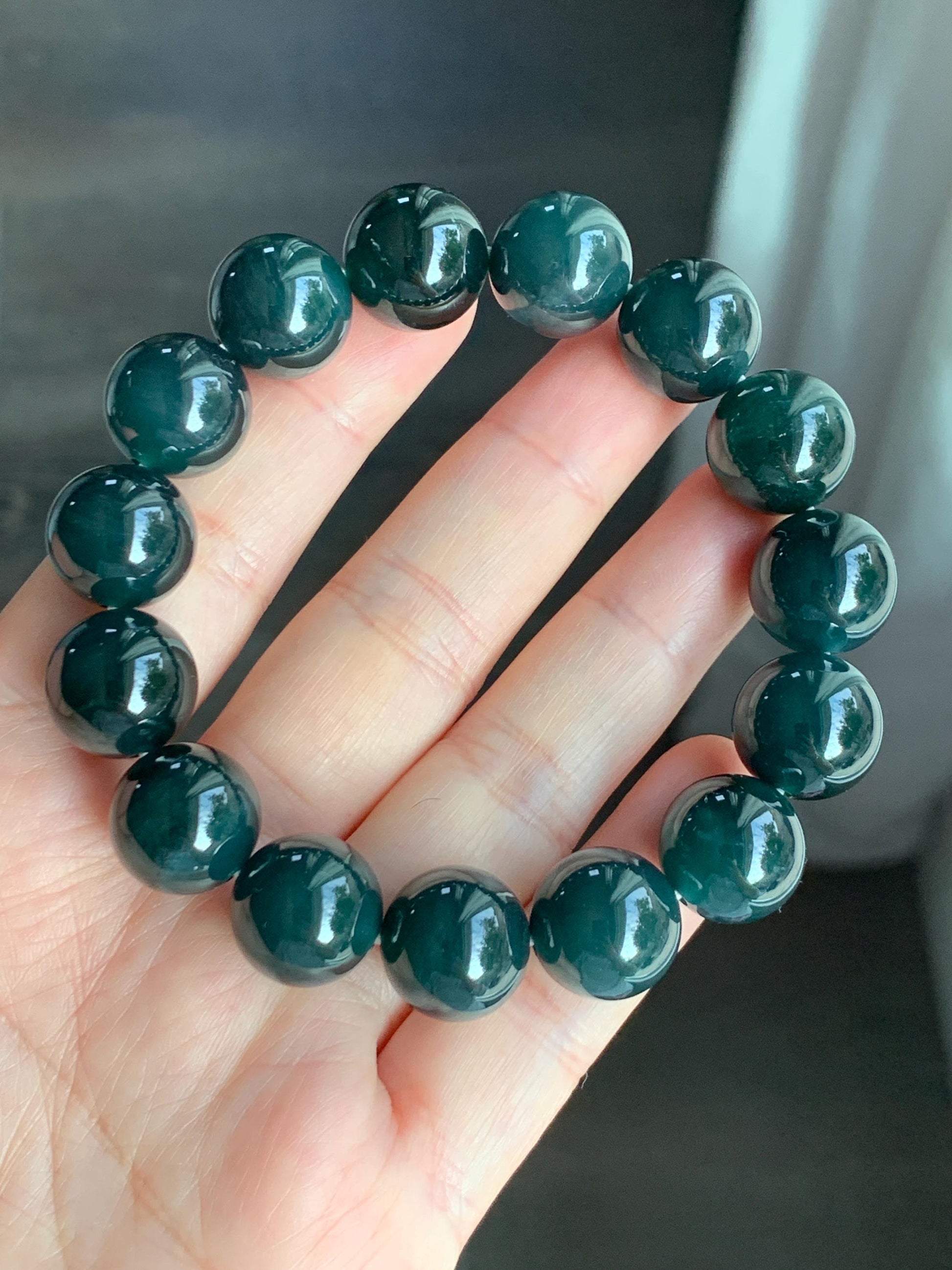 LARGE Natural Grade A Guatemalan Icy Translucent Dark Teal Green Wuji Jade Jadeite Beaded Bracelet 14mm 7.75” 70g 天然冰危深老蓝水翡翠大卡手串 WLL770A