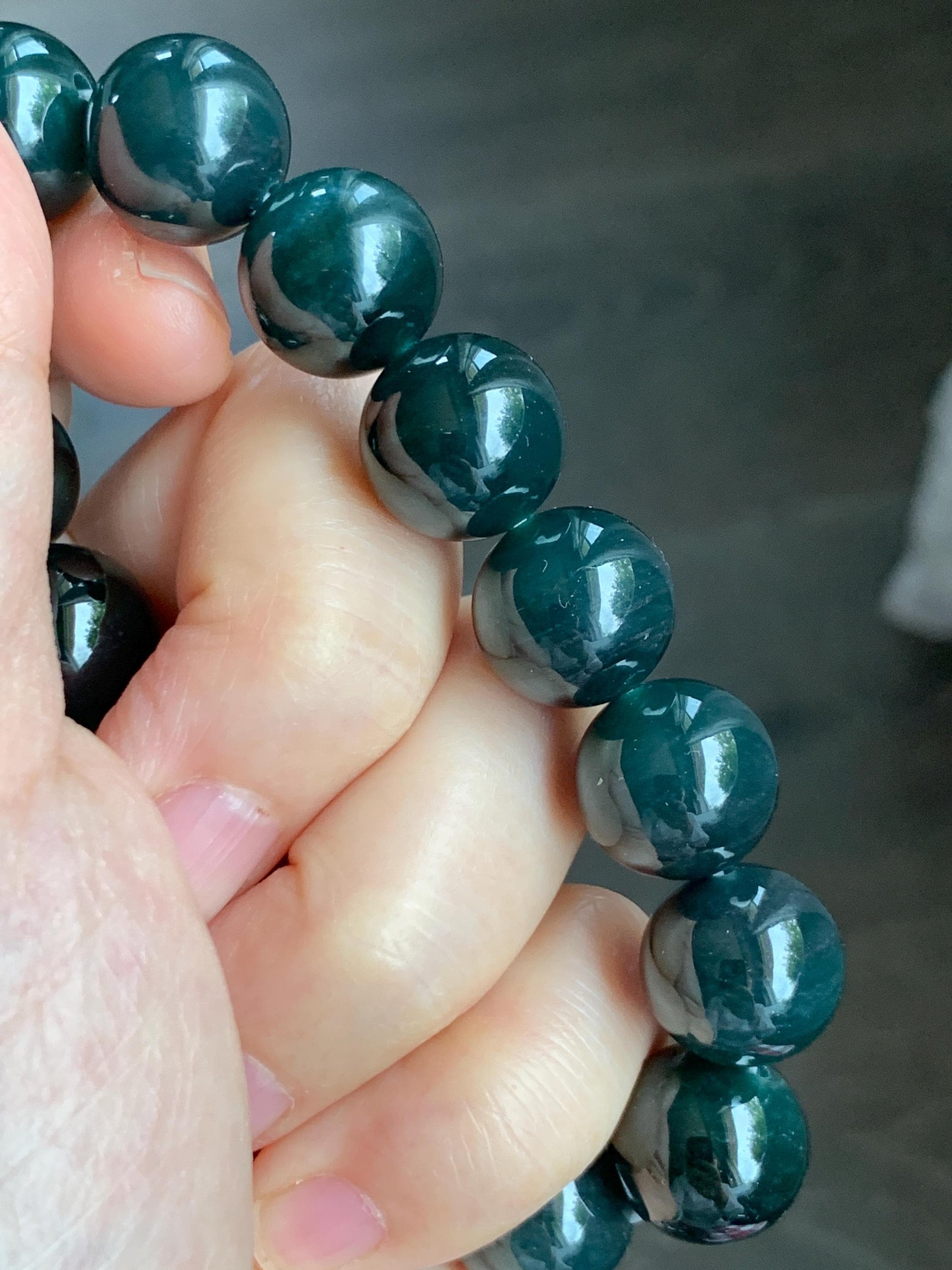 LARGE Natural Grade A Guatemalan Icy Translucent Dark Teal Green Wuji Jade Jadeite Beaded Bracelet 14mm 7.75” 70g 天然冰危深老蓝水翡翠大卡手串 WLL770A