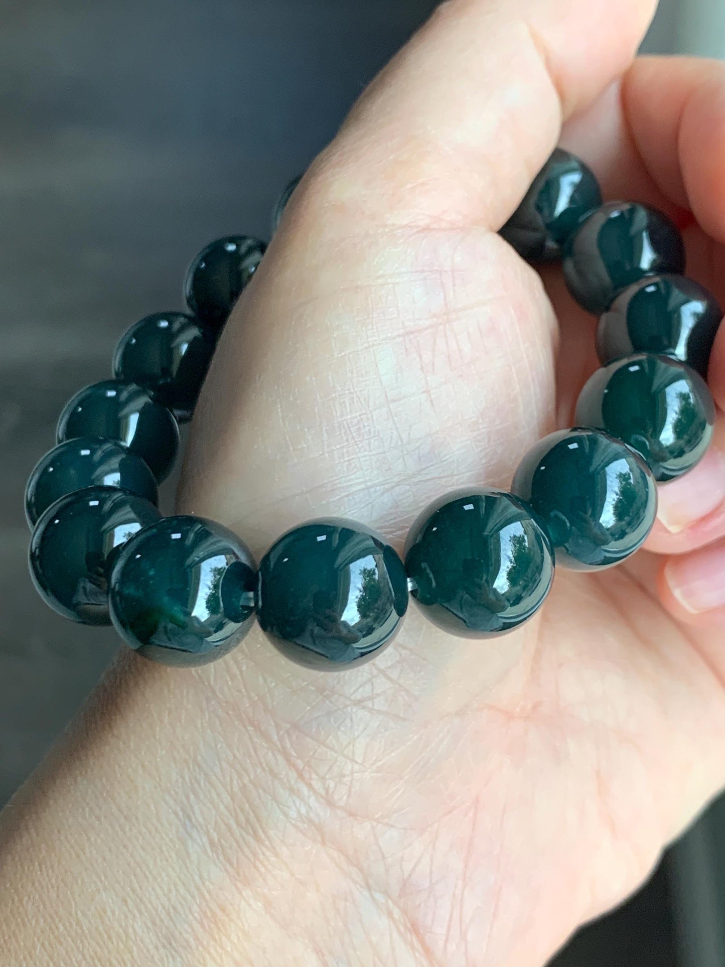 LARGE Natural Grade A Guatemalan Icy Translucent Dark Teal Green Wuji Jade Jadeite Beaded Bracelet 13.8mm 7.75” 69g 天然冰危深老蓝水翡翠大卡手串 WLL770B