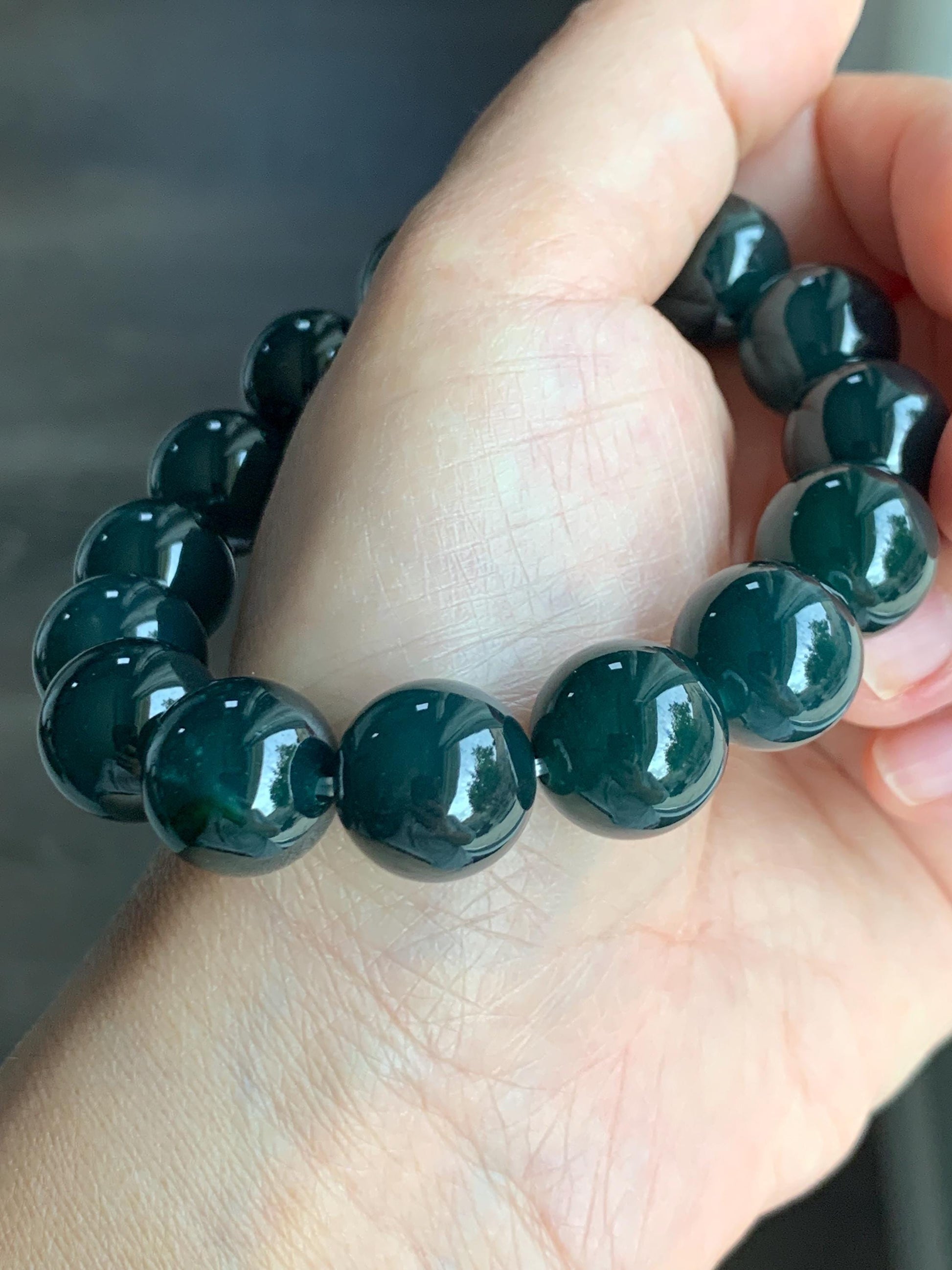 LARGE Natural Grade A Guatemalan Icy Translucent Dark Teal Green Wuji Jade Jadeite Beaded Bracelet 13.8mm 7.75” 69g 天然冰危深老蓝水翡翠大卡手串 WLL770B