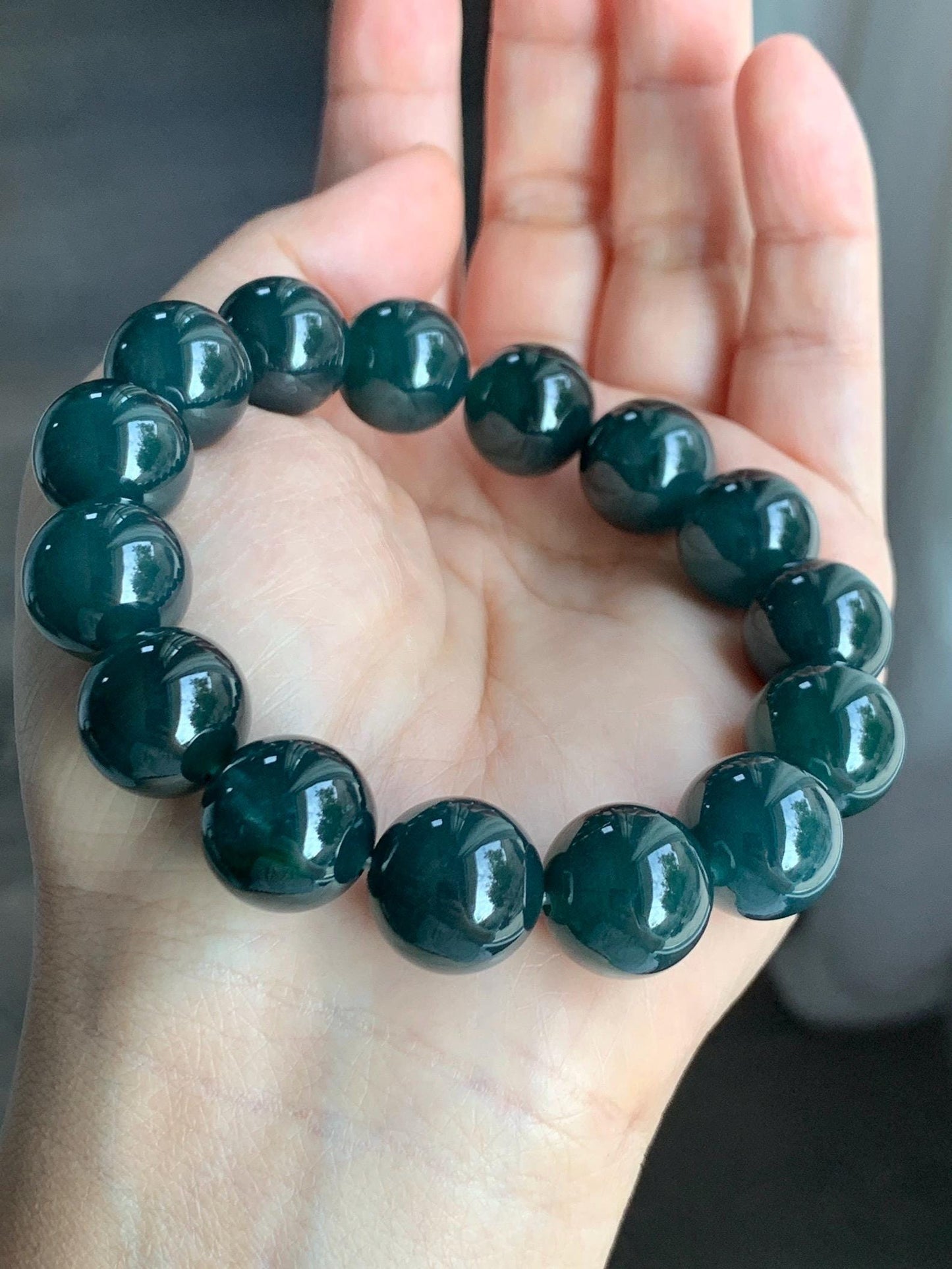 LARGE Natural Grade A Guatemalan Icy Translucent Dark Teal Green Wuji Jade Jadeite Beaded Bracelet 13.8mm 7.75” 69g 天然冰危深老蓝水翡翠大卡手串 WLL770B