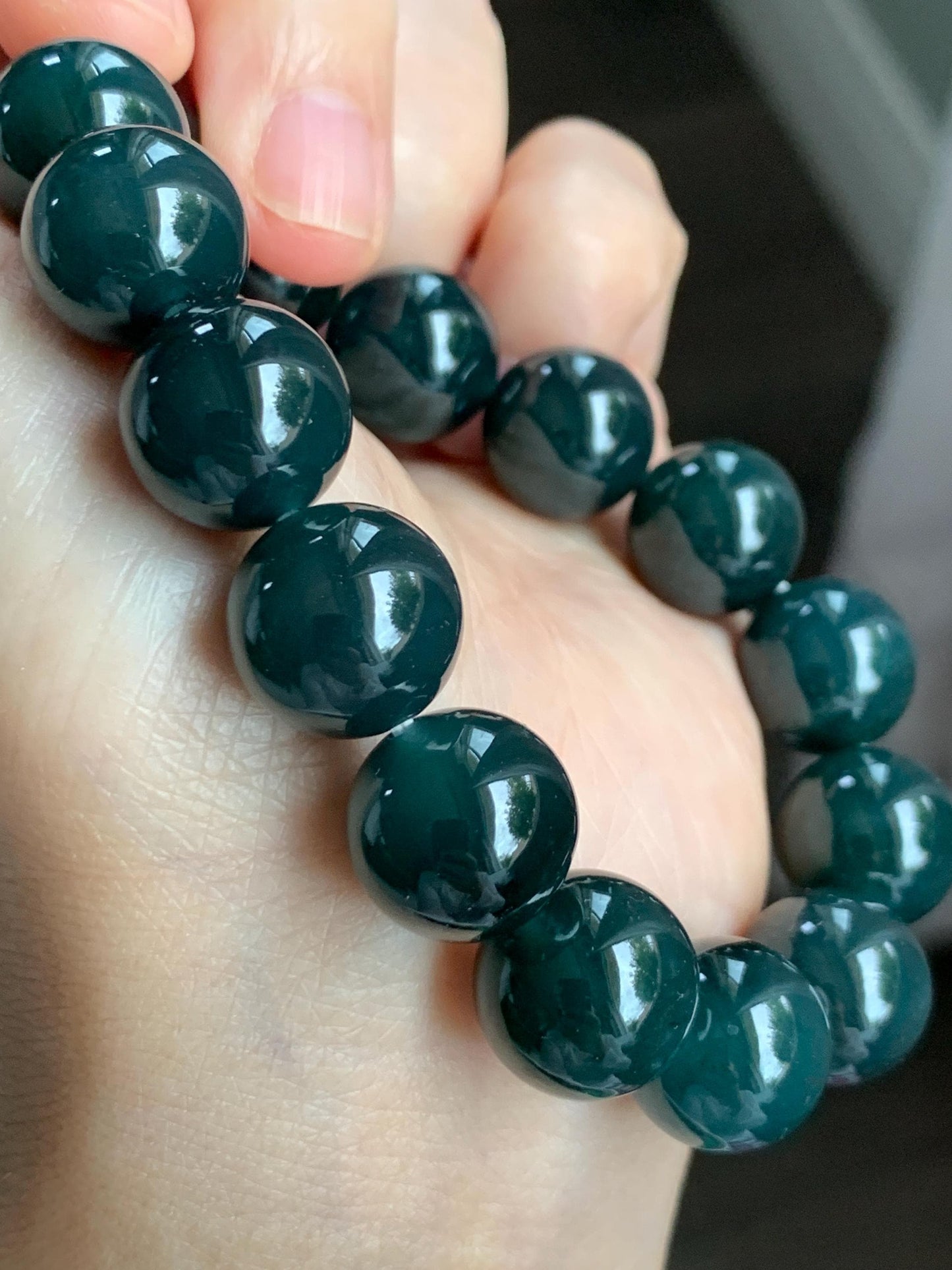 LARGE Natural Grade A Guatemalan Icy Translucent Dark Teal Green Wuji Jade Jadeite Beaded Bracelet 13.8mm 7.75” 69g 天然冰危深老蓝水翡翠大卡手串 WLL770B