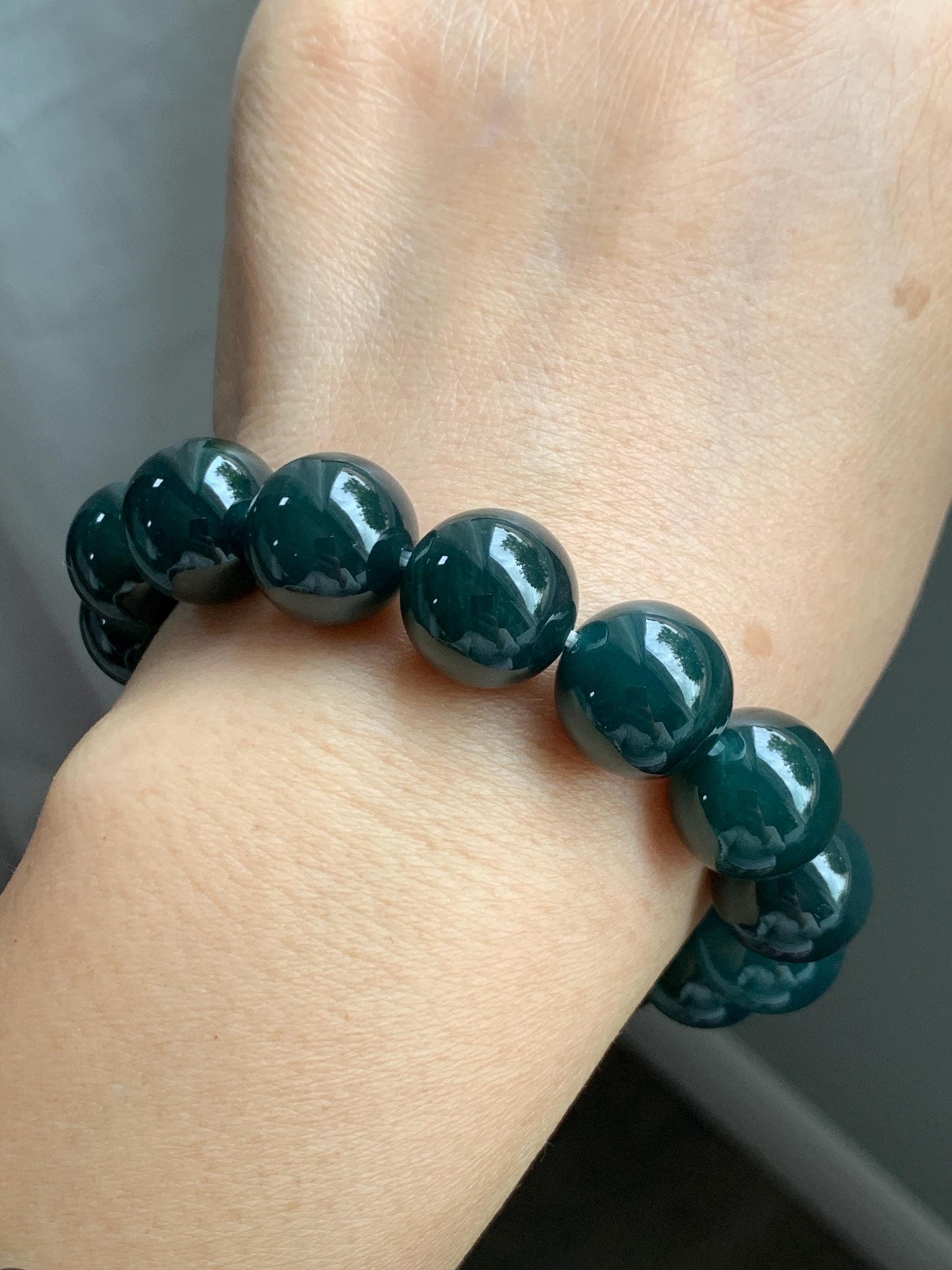 LARGE Natural Grade A Guatemalan Icy Translucent Dark Teal Green Wuji Jade Jadeite Beaded Bracelet 13.8mm 7.75” 69g 天然冰危深老蓝水翡翠大卡手串 WLL770B