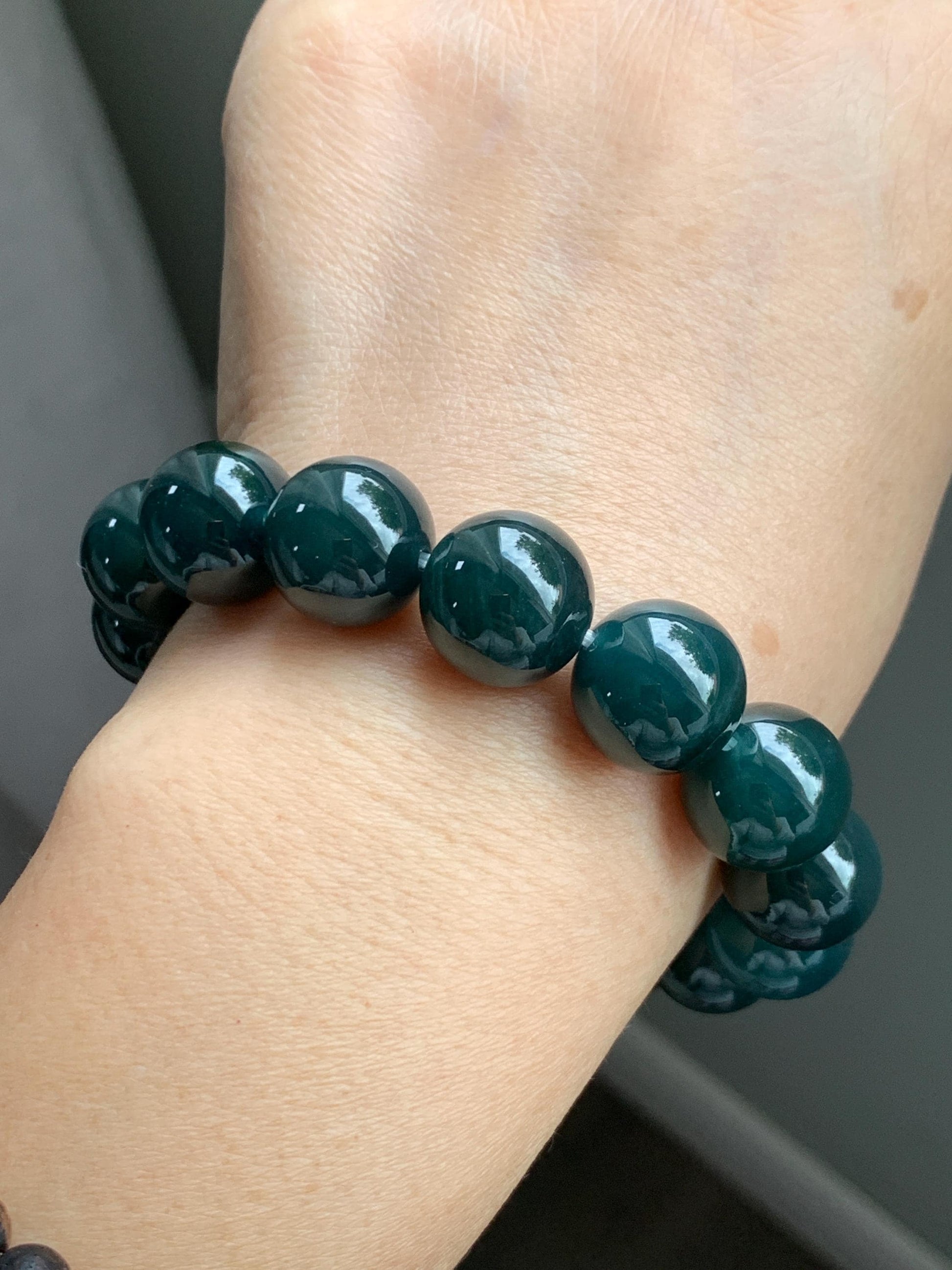 LARGE Natural Grade A Guatemalan Icy Translucent Dark Teal Green Wuji Jade Jadeite Beaded Bracelet 13.8mm 7.75” 69g 天然冰危深老蓝水翡翠大卡手串 WLL770B