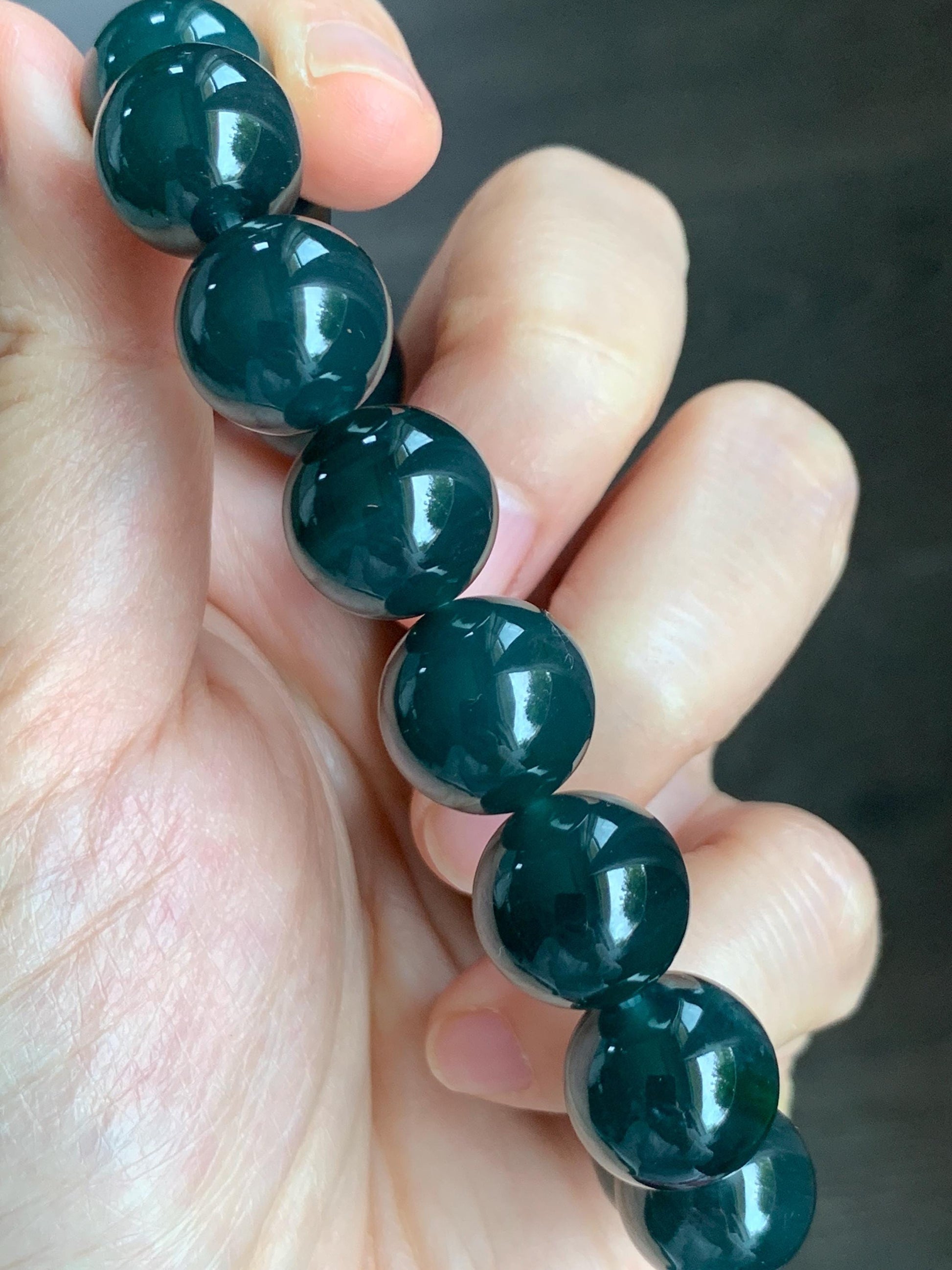 LARGE Natural Grade A Guatemalan Icy Translucent Dark Teal Green Wuji Jade Jadeite Beaded Bracelet 13.8mm 7.75” 69g 天然冰危深老蓝水翡翠大卡手串 WLL770B