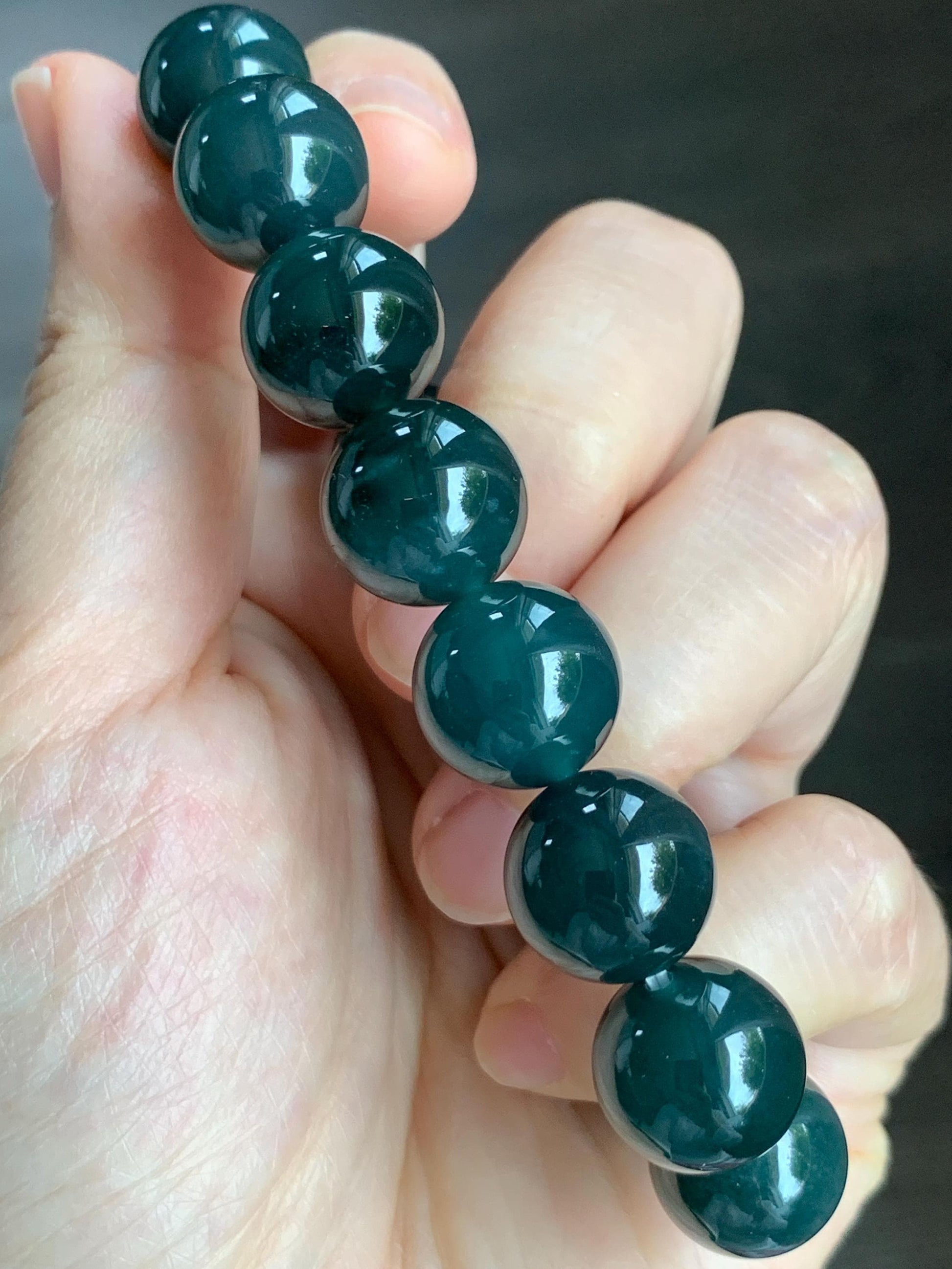 LARGE Natural Grade A Guatemalan Icy Translucent Dark Teal Green Wuji Jade Jadeite Beaded Bracelet 13.8mm 7.75” 69g 天然冰危深老蓝水翡翠大卡手串 WLL770B