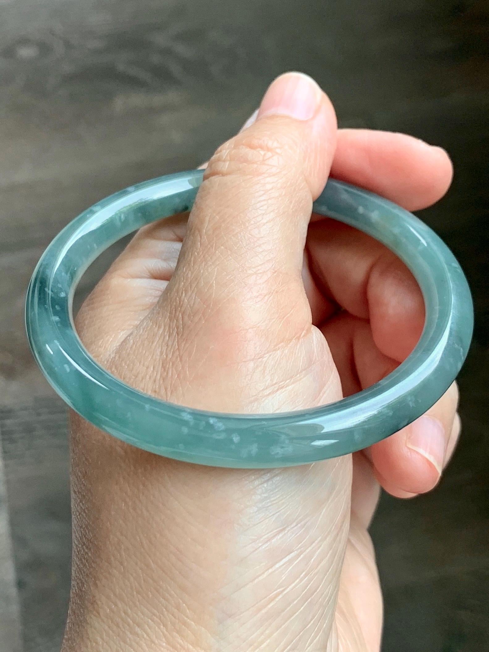 Certified Natural Grade A Guatemalan Icy Translucent Dusty Teal Green Wuji Jade Jadeite Bangle 58.5mm 7.23” 31g 天然冰胶危蓝绿乌鸡翡翠圆条手镯 1181