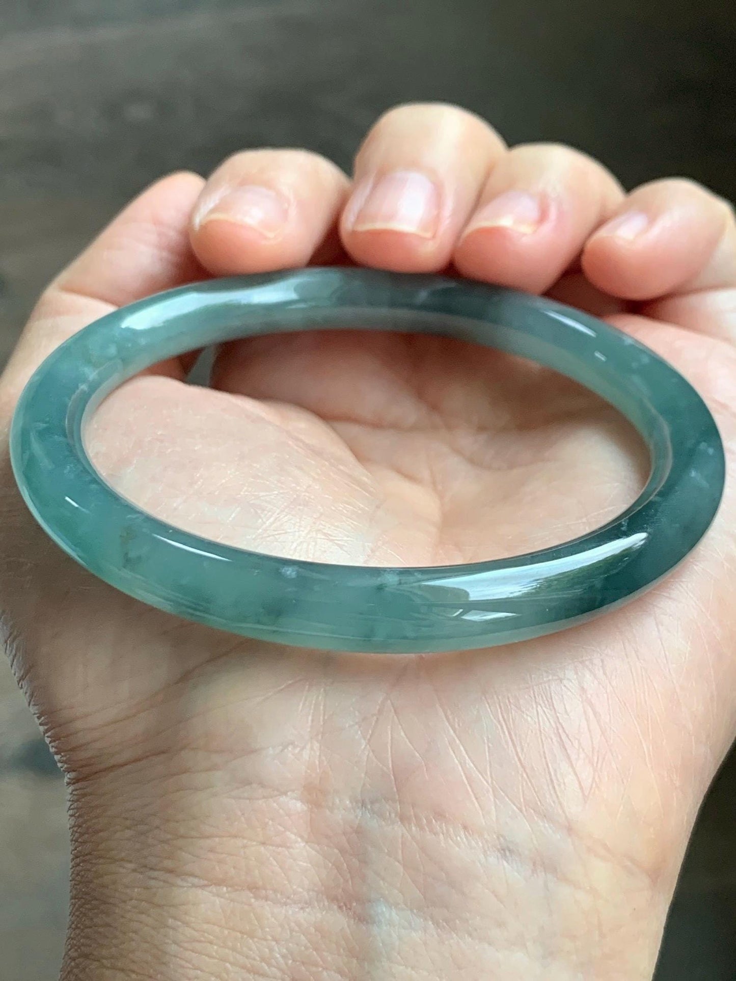 Certified Natural Grade A Guatemalan Icy Translucent Dusty Teal Green Wuji Jade Jadeite Bangle 58.5mm 7.23” 31g 天然冰胶危蓝绿乌鸡翡翠圆条手镯 1181