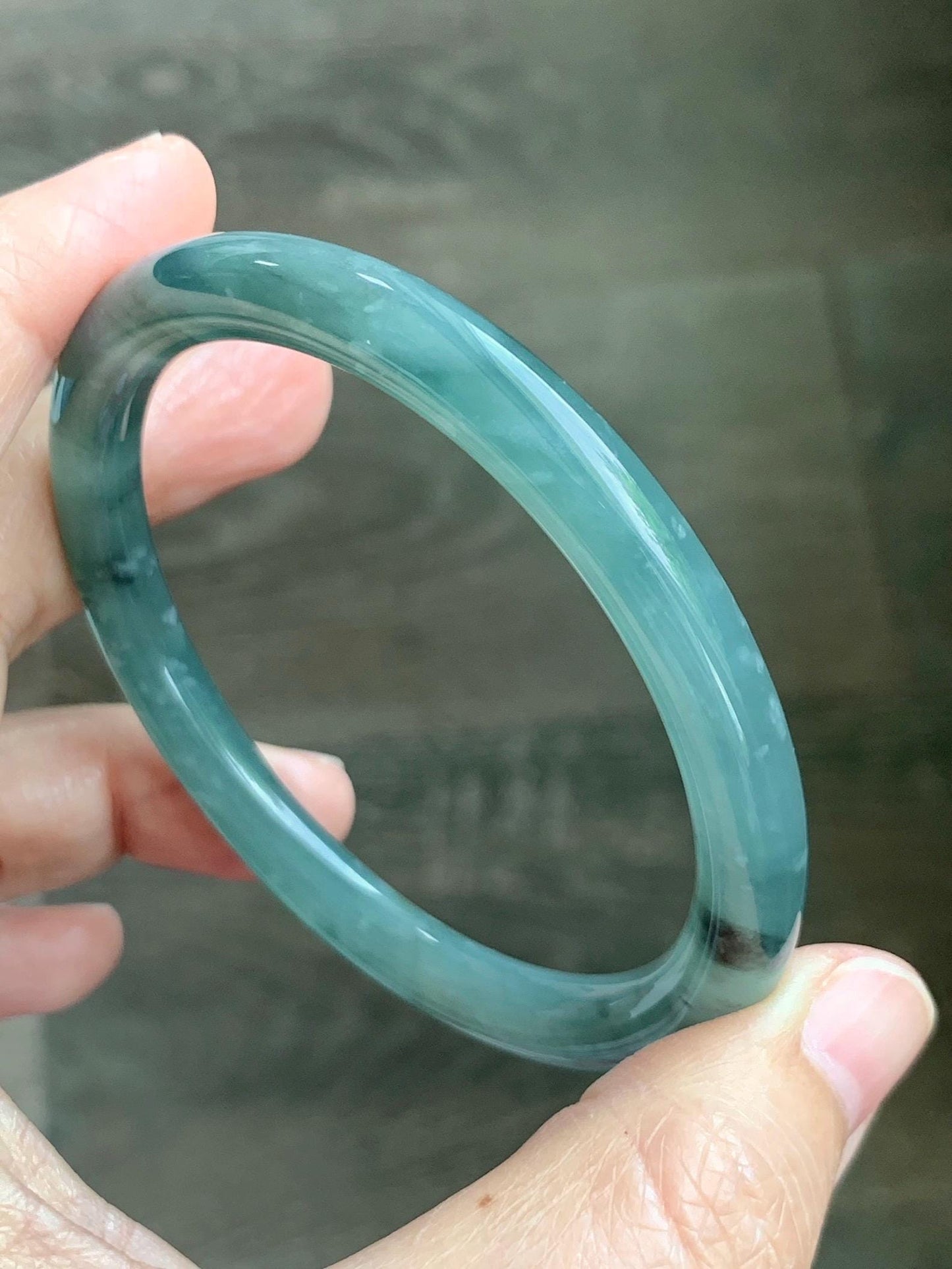 Certified Natural Grade A Guatemalan Icy Translucent Dusty Teal Green Wuji Jade Jadeite Bangle 58.5mm 7.23” 31g 天然冰胶危蓝绿乌鸡翡翠圆条手镯 1181