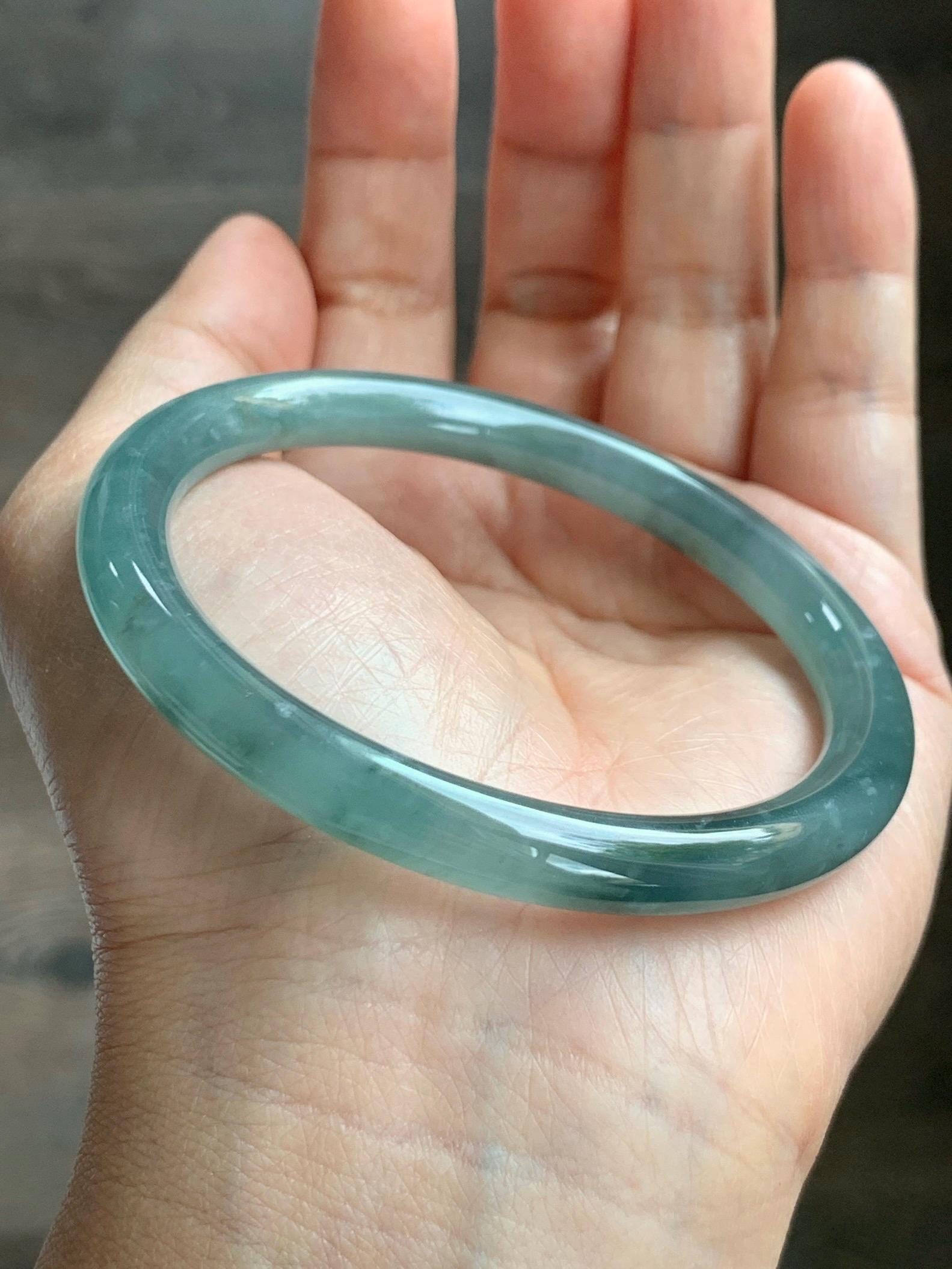 Certified Natural Grade A Guatemalan Icy Translucent Dusty Teal Green Wuji Jade Jadeite Bangle 58.5mm 7.23” 31g 天然冰胶危蓝绿乌鸡翡翠圆条手镯 1181