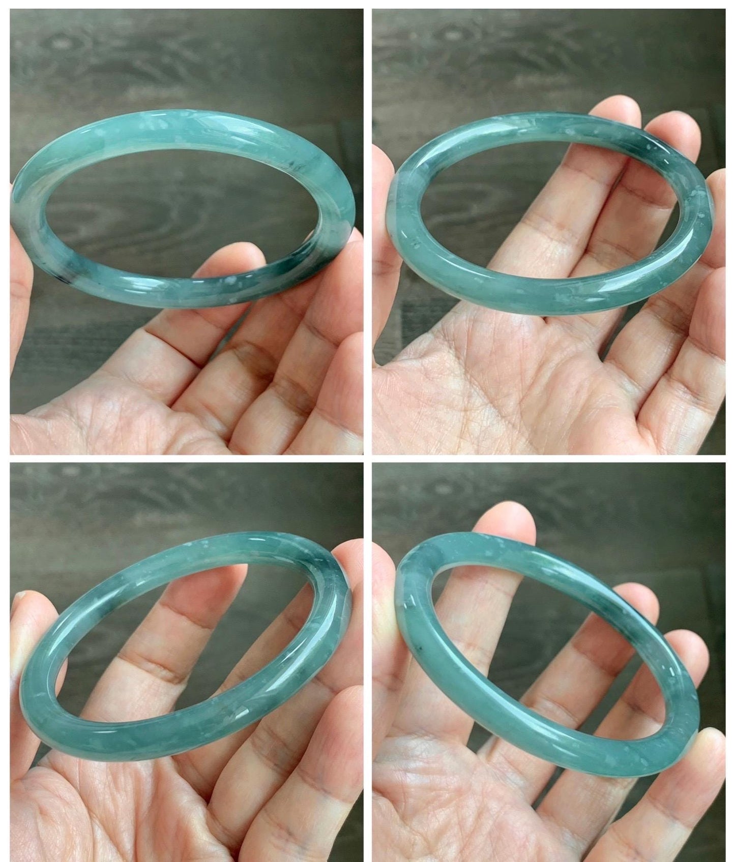 Certified Natural Grade A Guatemalan Icy Translucent Dusty Teal Green Wuji Jade Jadeite Bangle 58.5mm 7.23” 31g 天然冰胶危蓝绿乌鸡翡翠圆条手镯 1181