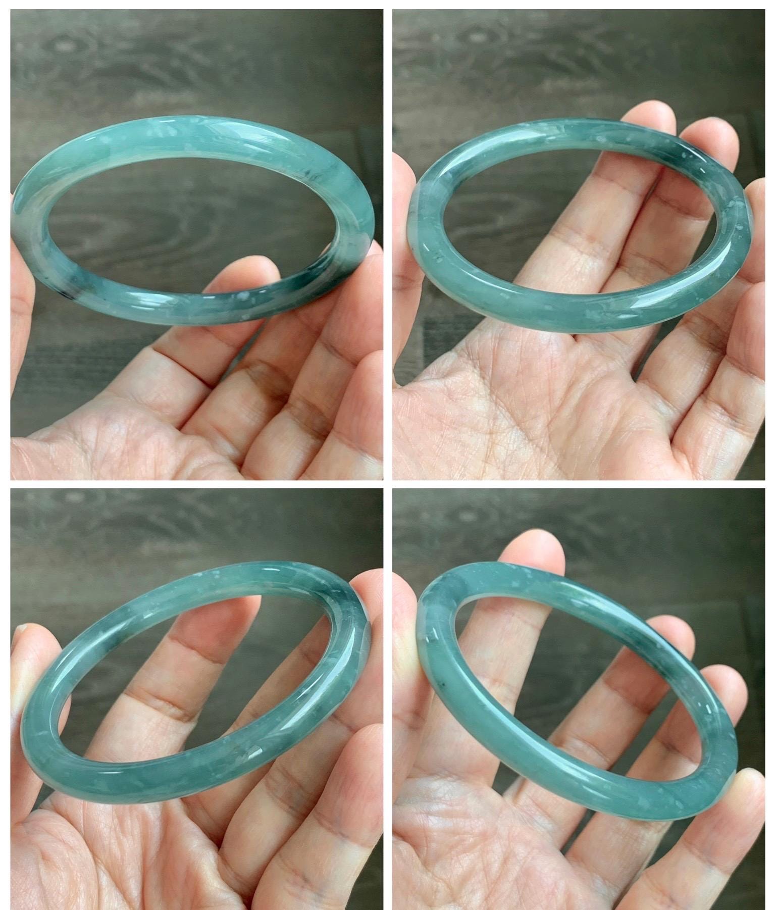 Certified Natural Grade A Guatemalan Icy Translucent Dusty Teal Green Wuji Jade Jadeite Bangle 58.5mm 7.23” 31g 天然冰胶危蓝绿乌鸡翡翠圆条手镯 1181