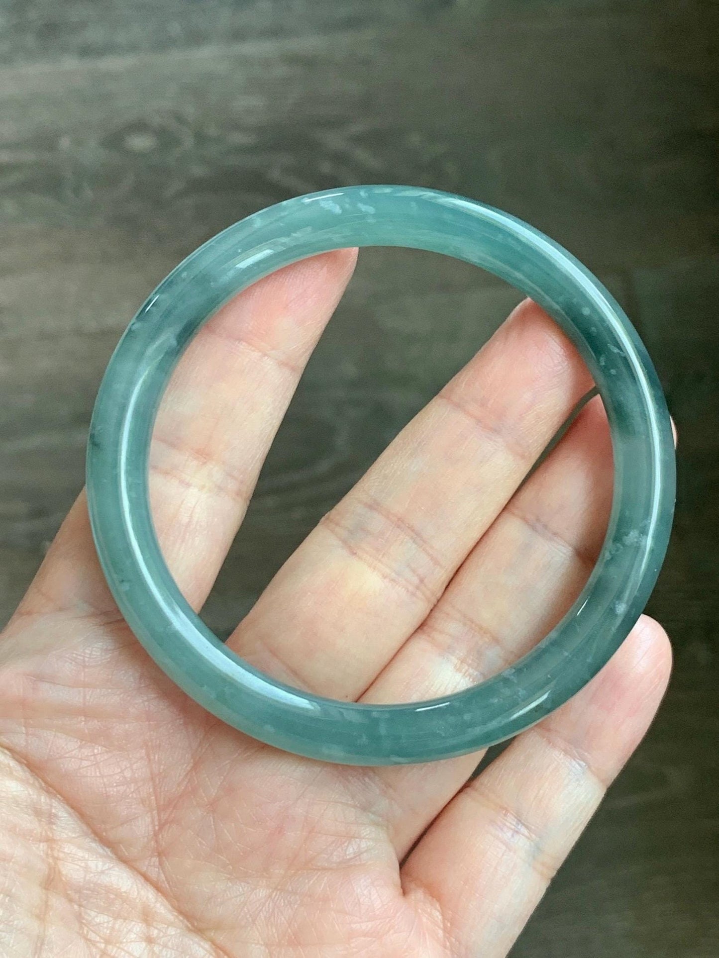 Certified Natural Grade A Guatemalan Icy Translucent Dusty Teal Green Wuji Jade Jadeite Bangle 58.5mm 7.23” 31g 天然冰胶危蓝绿乌鸡翡翠圆条手镯 1181