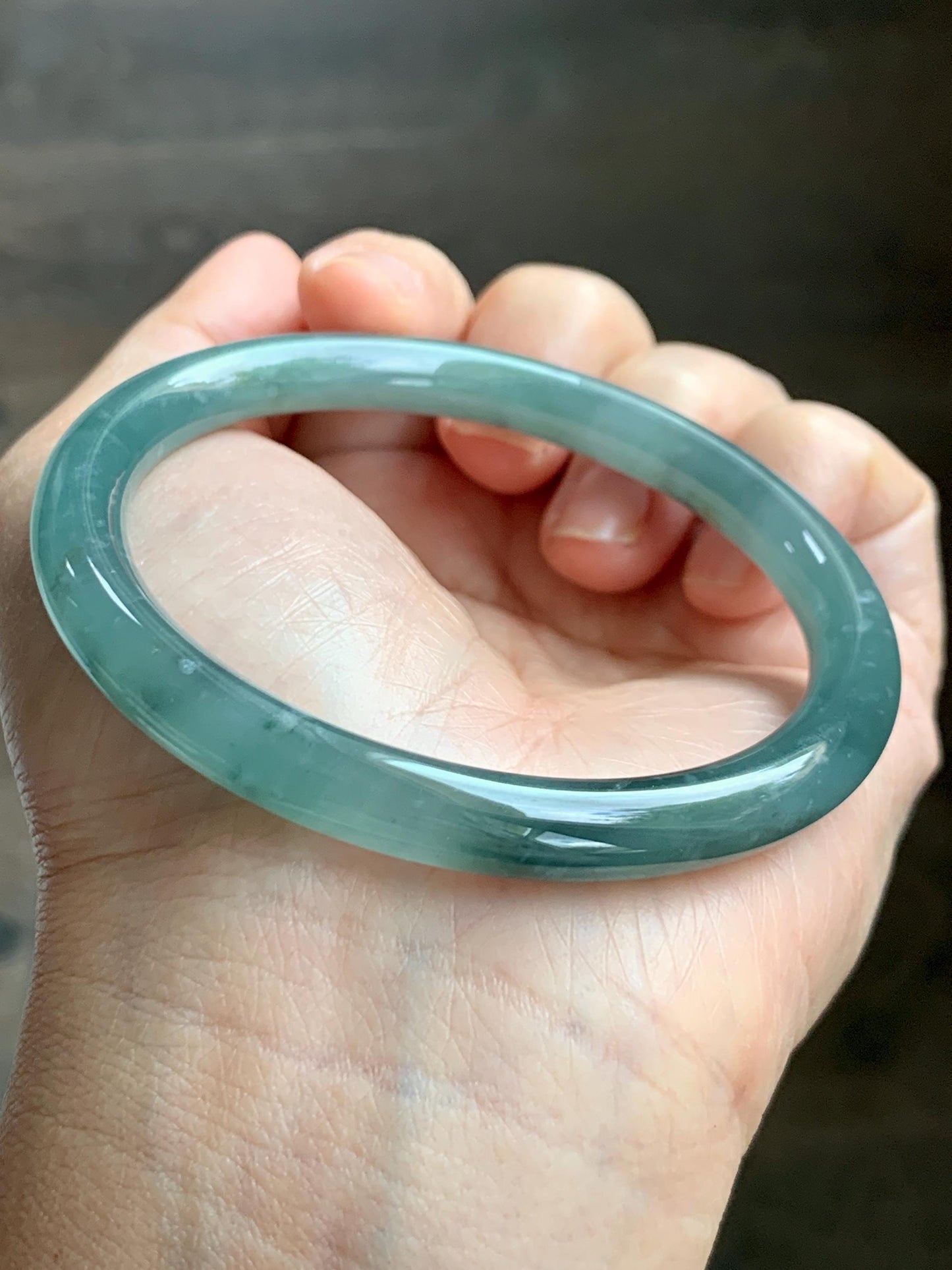 Certified Natural Grade A Guatemalan Icy Translucent Dusty Teal Green Wuji Jade Jadeite Bangle 58.5mm 7.23” 31g 天然冰胶危蓝绿乌鸡翡翠圆条手镯 1181