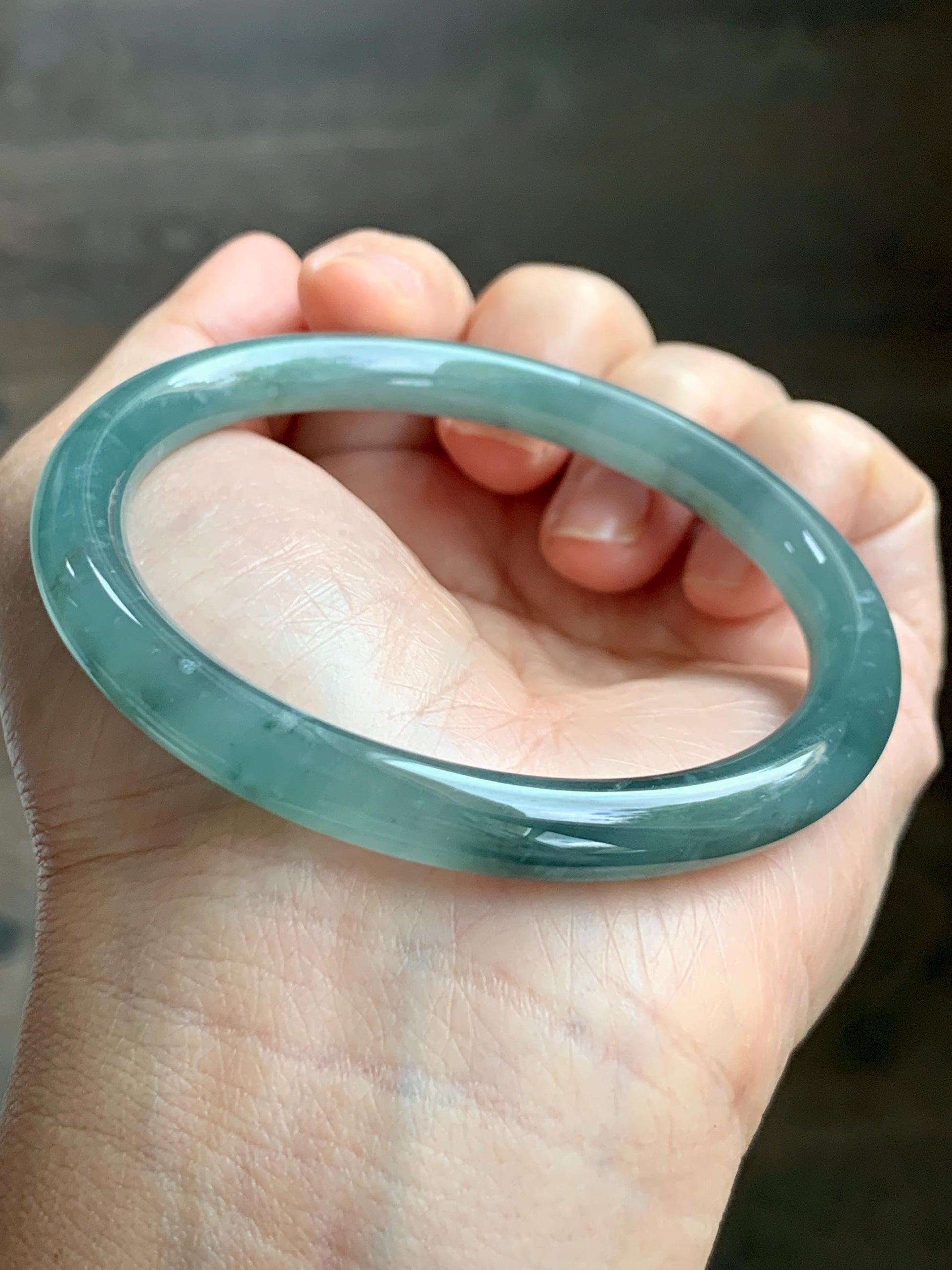 Certified Natural Grade A Guatemalan Icy Translucent Dusty Teal Green Wuji Jade Jadeite Bangle 58.5mm 7.23” 31g 天然冰胶危蓝绿乌鸡翡翠圆条手镯 1181