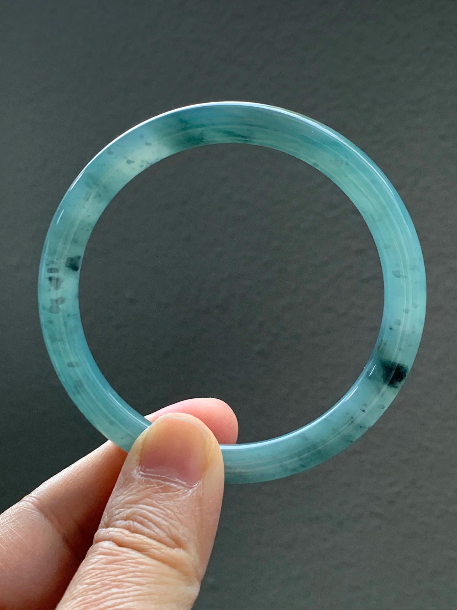 Certified Natural Grade A Guatemalan Icy Translucent Dusty Teal Green Wuji Jade Jadeite Bangle 58.5mm 7.23” 31g 天然冰胶危蓝绿乌鸡翡翠圆条手镯 1181