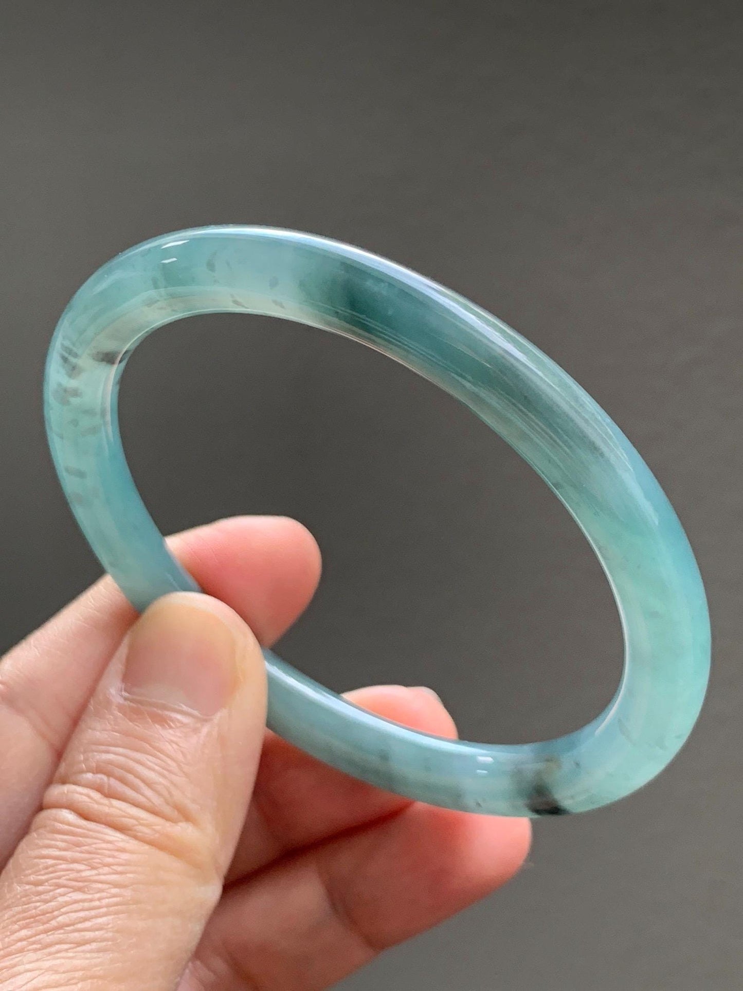 Certified Natural Grade A Guatemalan Icy Translucent Dusty Teal Green Wuji Jade Jadeite Bangle 58.5mm 7.23” 31g 天然冰胶危蓝绿乌鸡翡翠圆条手镯 1181