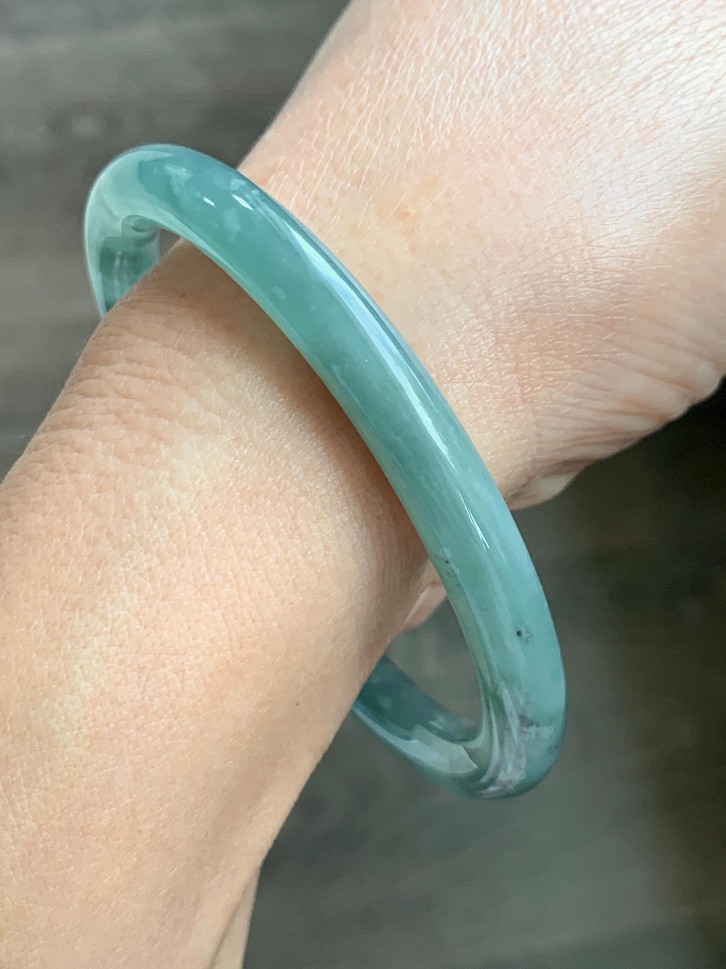 Certified Natural Grade A Guatemalan Icy Translucent Dusty Teal Green Wuji Jade Jadeite Bangle 58.5mm 7.23” 31g 天然冰胶危蓝绿乌鸡翡翠圆条手镯 1181