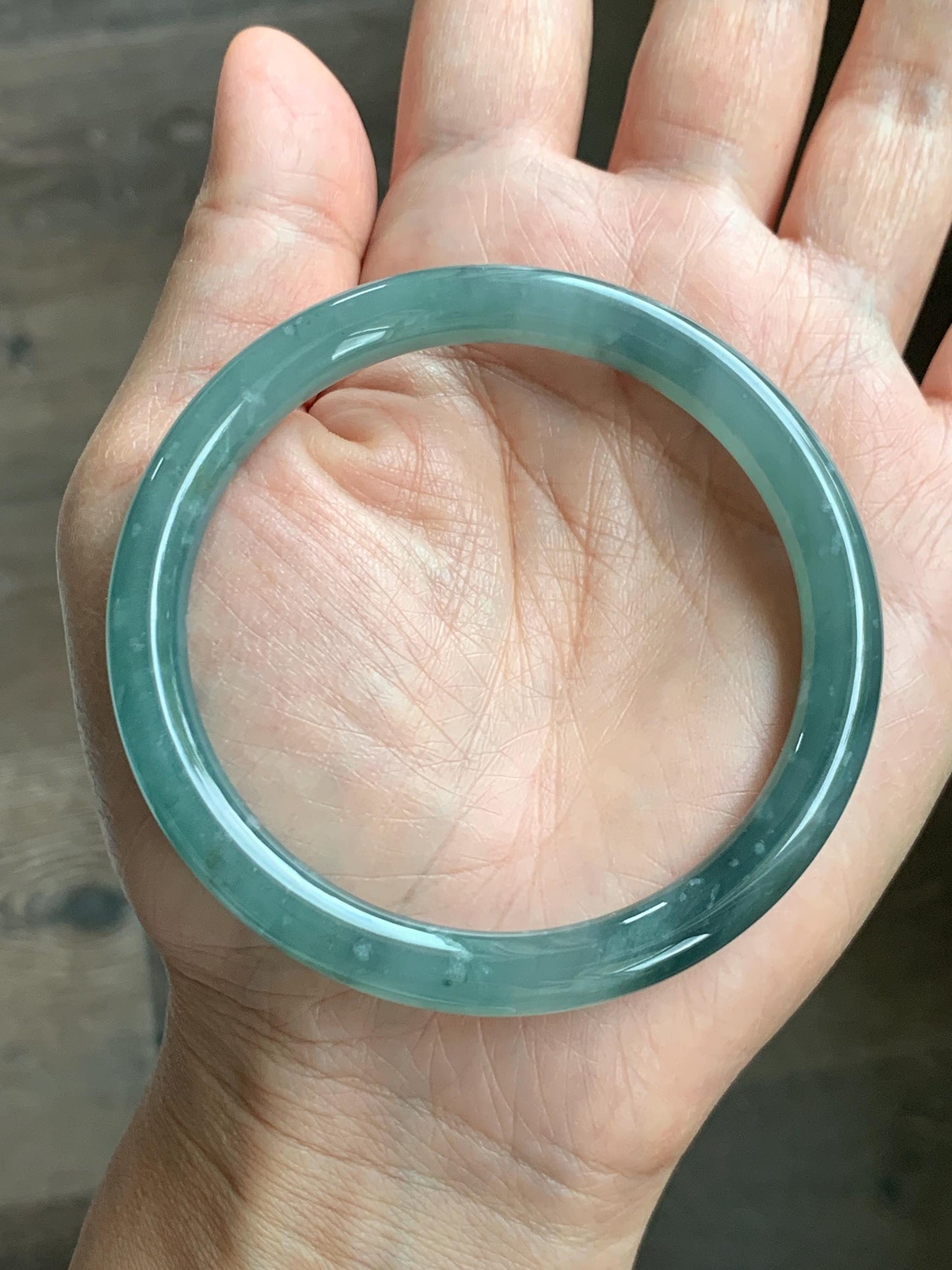 Certified Natural Grade A Guatemalan Icy Translucent Dusty Teal Green Wuji Jade Jadeite Bangle 58.5mm 7.23” 31g 天然冰胶危蓝绿乌鸡翡翠圆条手镯 1181