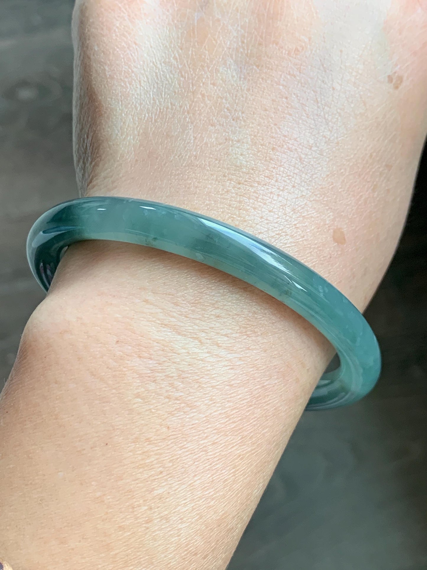 Certified Natural Grade A Guatemalan Icy Translucent Dusty Teal Green Wuji Jade Jadeite Bangle 58.5mm 7.23” 31g 天然冰胶危蓝绿乌鸡翡翠圆条手镯 1181