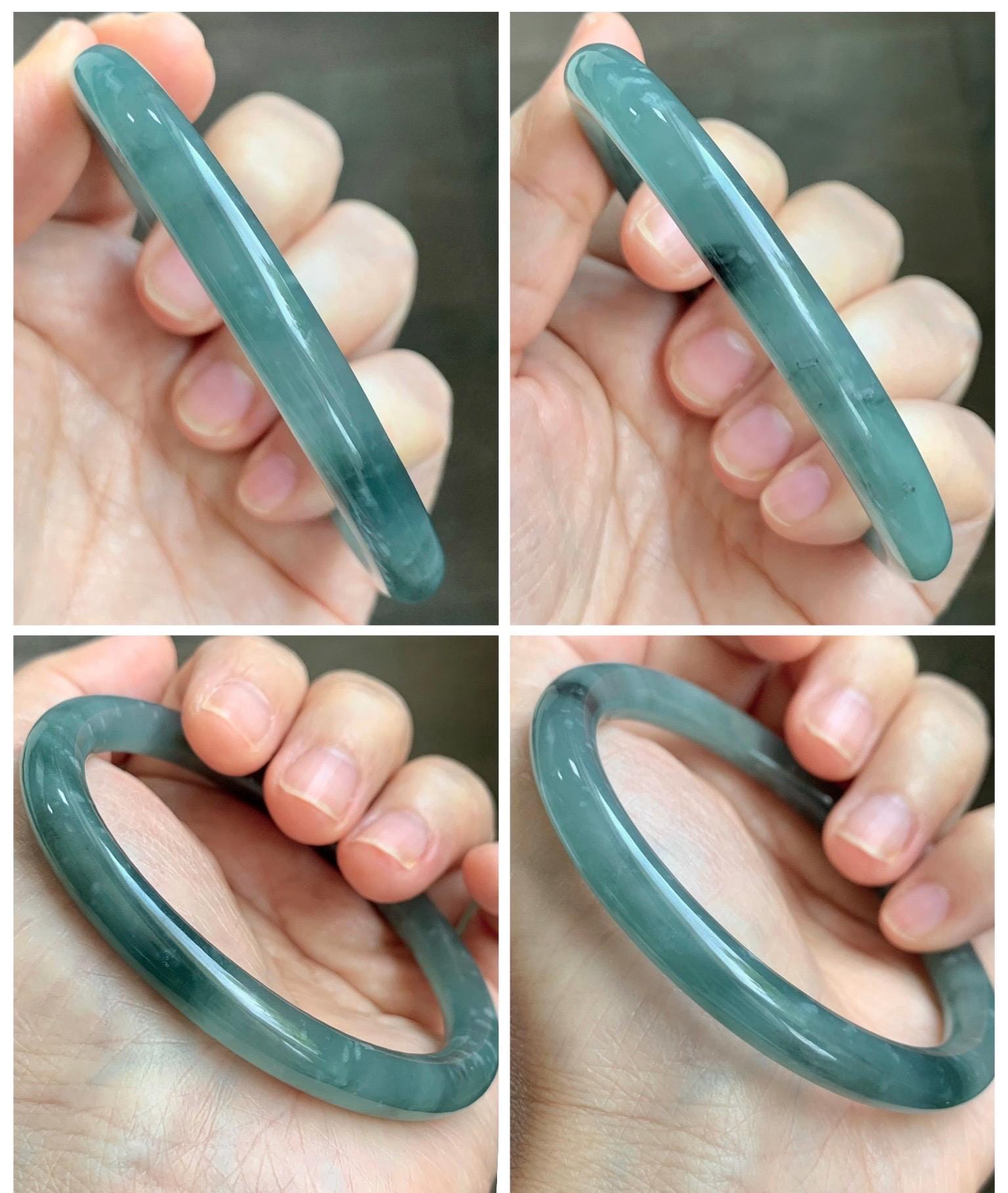 Certified Natural Grade A Guatemalan Icy Translucent Dusty Teal Green Wuji Jade Jadeite Bangle 58.5mm 7.23” 31g 天然冰胶危蓝绿乌鸡翡翠圆条手镯 1181