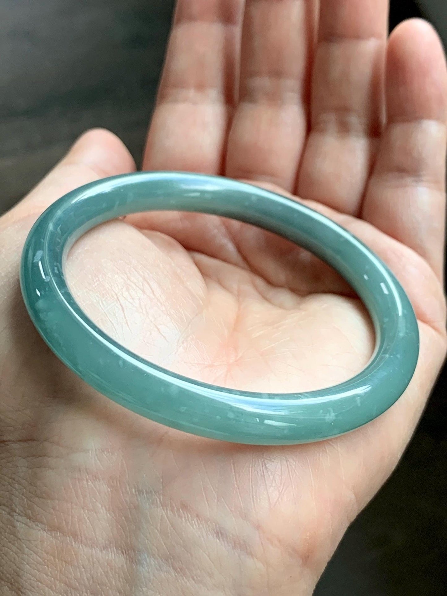 Certified Natural Grade A Guatemalan Icy Translucent Dusty Teal Green Wuji Jade Jadeite Bangle 55.5 6.86” 31g 天然冰危暗蓝绿乌鸡翡翠圆条手镯 1183