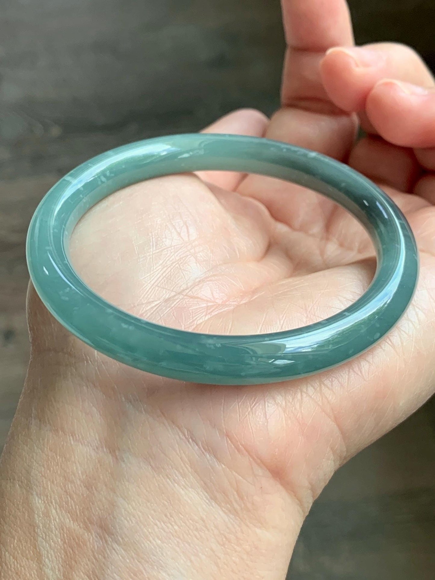 Certified Natural Grade A Guatemalan Icy Translucent Dusty Teal Green Wuji Jade Jadeite Bangle 55.5 6.86” 31g 天然冰危暗蓝绿乌鸡翡翠圆条手镯 1183