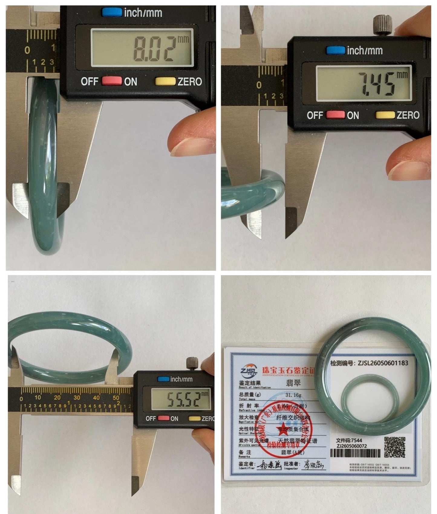 Certified Natural Grade A Guatemalan Icy Translucent Dusty Teal Green Wuji Jade Jadeite Bangle 55.5 6.86” 31g 天然冰危暗蓝绿乌鸡翡翠圆条手镯 1183