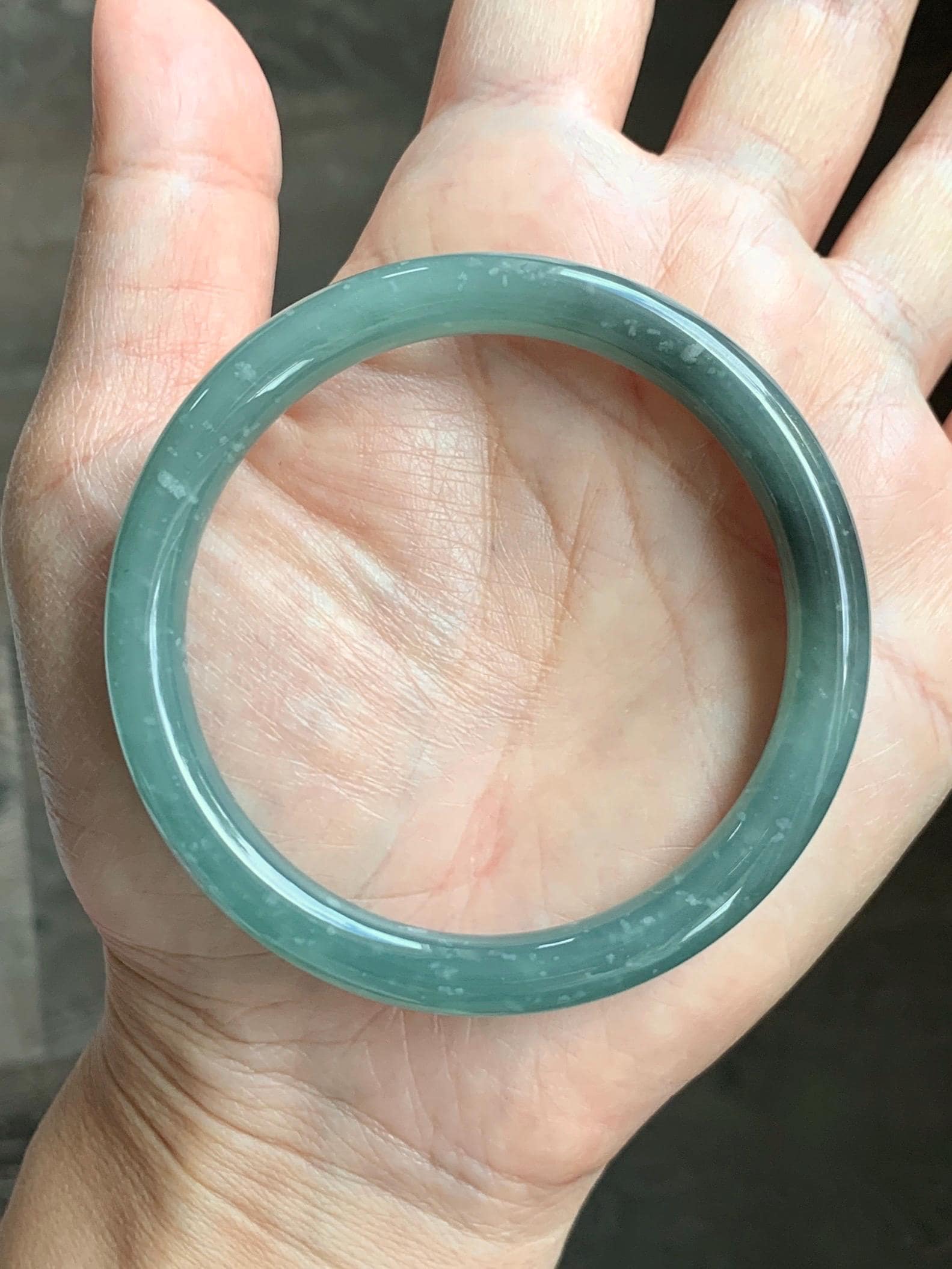 Certified Natural Grade A Guatemalan Icy Translucent Dusty Teal Green Wuji Jade Jadeite Bangle 55.5 6.86” 31g 天然冰危暗蓝绿乌鸡翡翠圆条手镯 1183